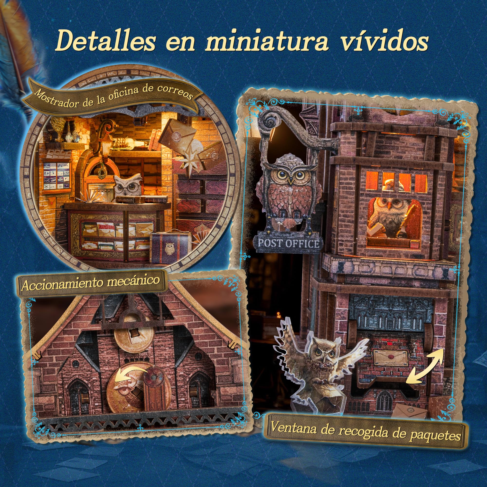 FUNPOLA Puzzle 3D de Madera con Luces LED Oficina Postal del Búho – Modelo dinámico con Engranajes mecánicos, Kit Miniatura DIY con música y Luces LED, Regalo Decorativo para Adultos y Adolescentes