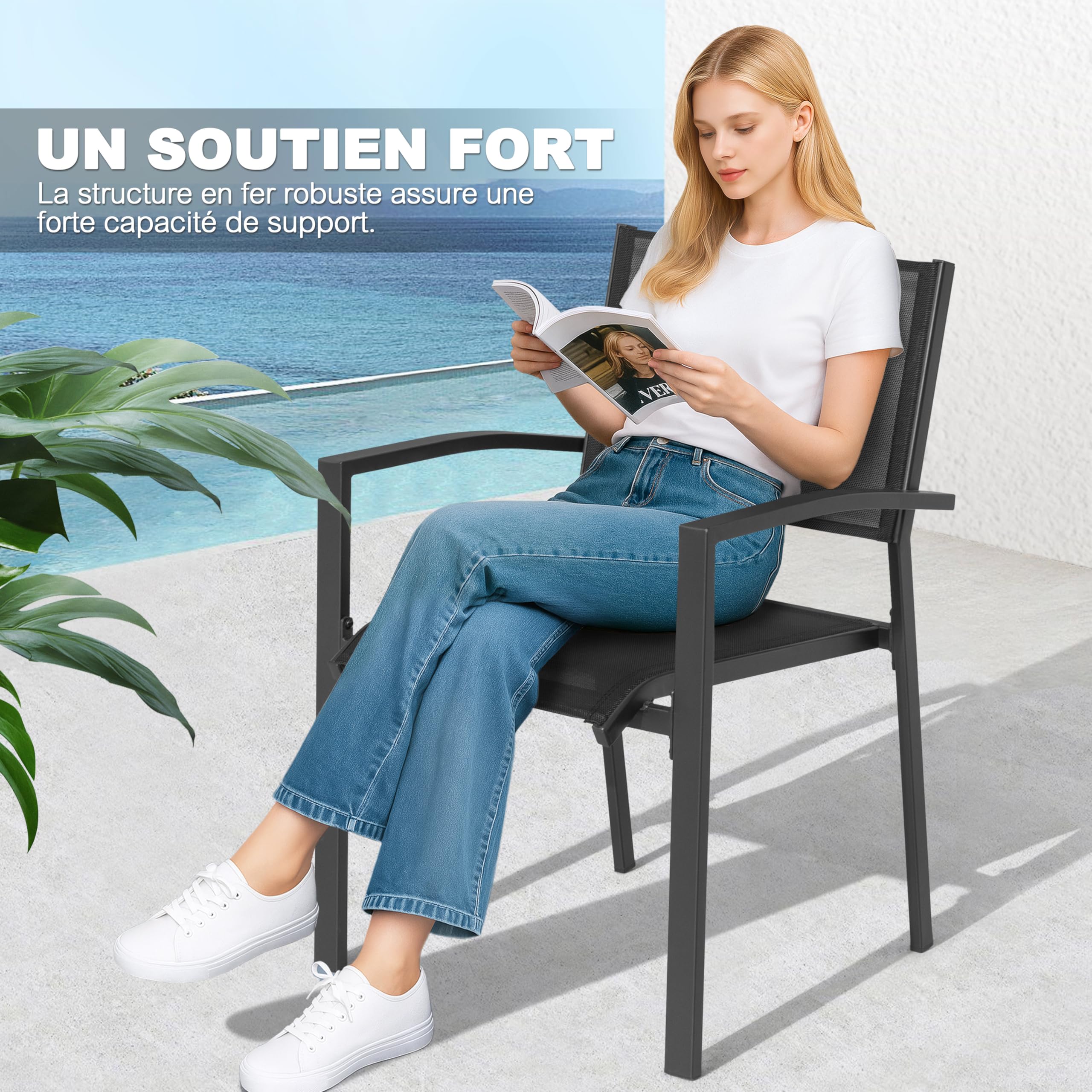 Avestar Ensemble de 2 Chaises de Jardin Extérieur en Textilène Respirant, Fauteuil, Chaises de Table de Jardin, Chaise Empilable pour Toutes Les Conditions Météorologiques, Noir