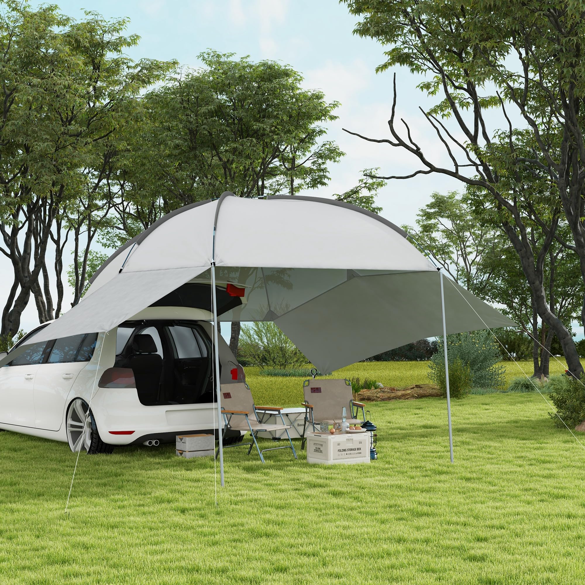 Outsunny Tendalina ad Arco Portatile con Pareti Laterali e Paletti Regolabili, Tenda per Auto in Poliestere, Acciaio e Fibra di Vetro, 300x262x230-260 cm, Grigio Chiaro