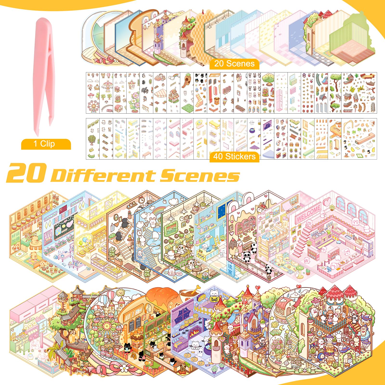 20Pcs DIY 3D House Stickers Kit Age 3-8 3D Miniature Scene Therapy for Kids 4 5 6 7 8 Year Old Stress Relief Sticker Scenes with Tweezers Creative Reusable DIY Sticker Therapy Kit for Age 3+ (Pink) - Image 2