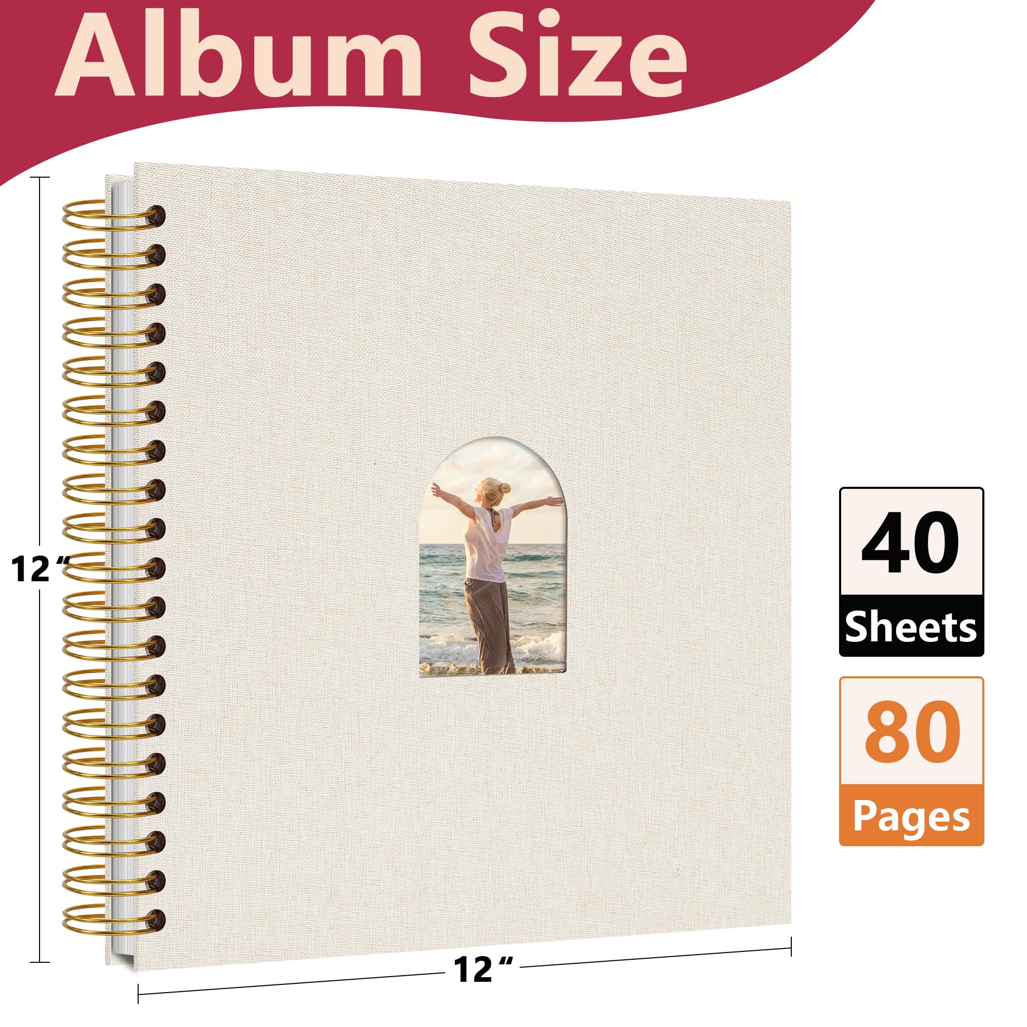 Vienrose Álbum de recortes de 12 x 12 pulgadas, álbum de fotos con ventana de arco de lino, 80 páginas en blanco, álbumes de fotos para boda, baby shower, color beige