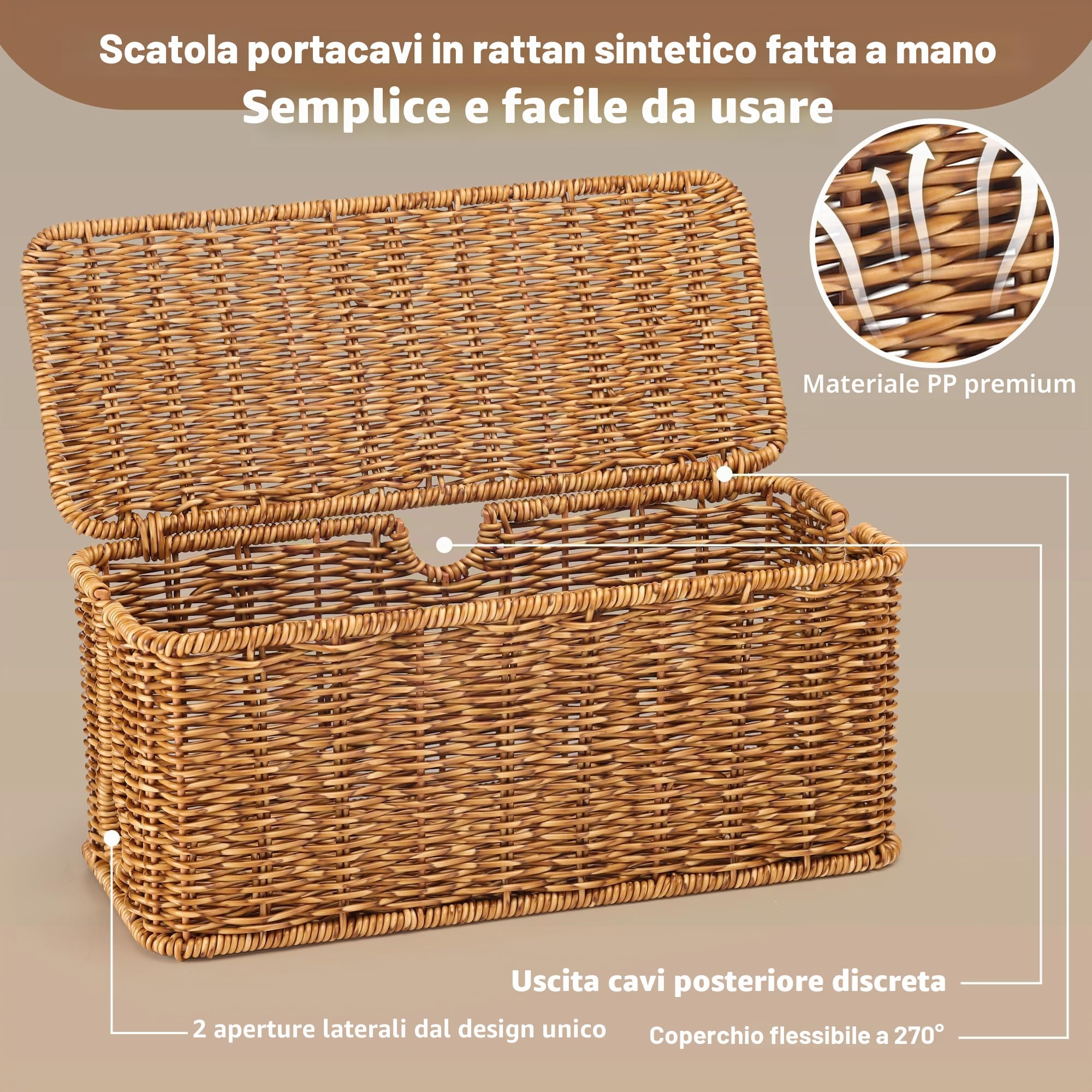 Scatola per la gestione dei cavi fatta a mano, in finto rattan, per nascondere cavi e ciabatte, lunghezza 12,5 x larghezza 5,2 x altezza 5,5 cm, CB2412, marrone scuro maculato