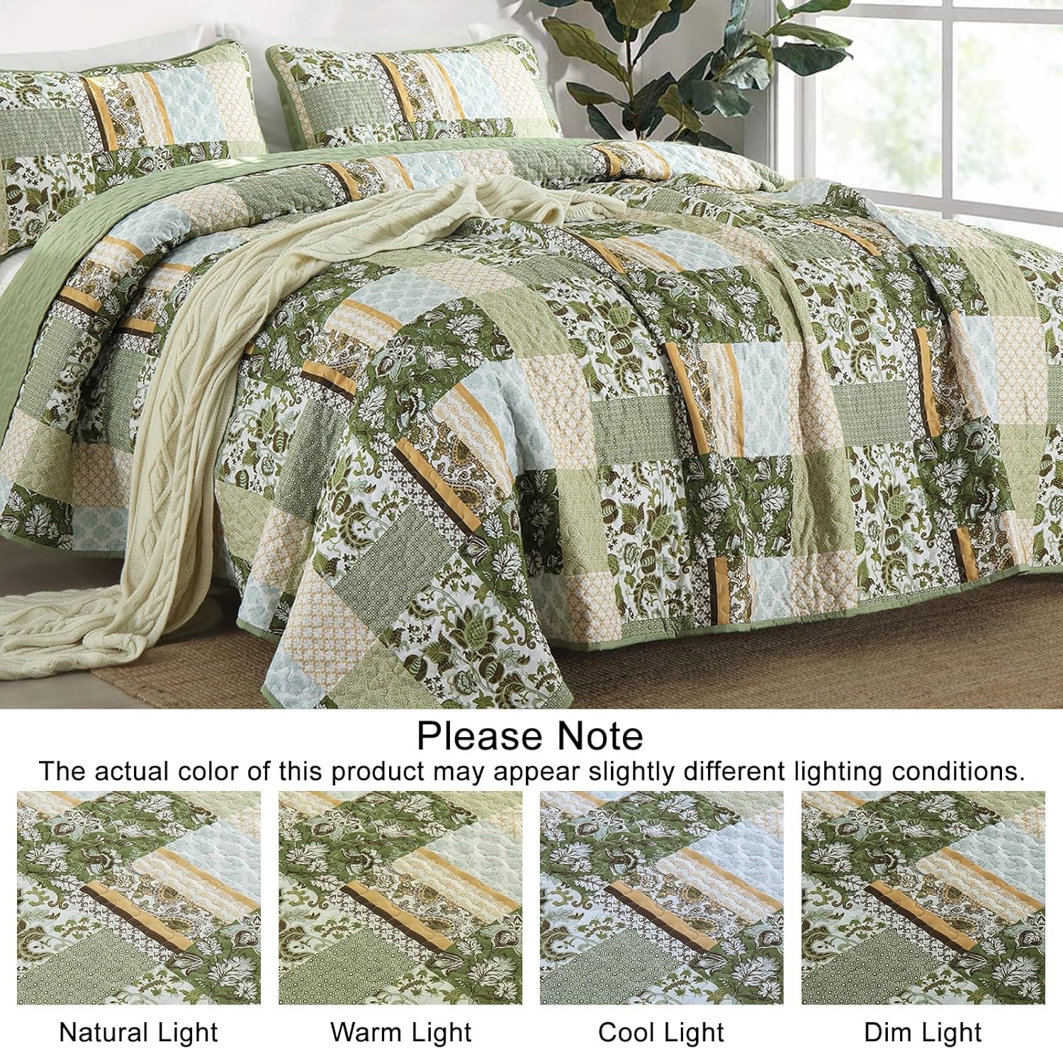 WONGS BEDDING Green Quilt Set King Size,Patchwork Plaid Printed Bedspread Coverlet Set,3 Pieces Summer Soft Microfiber Floral Bedding Set with 1 Quilt 2 Pillowcases - Image 5