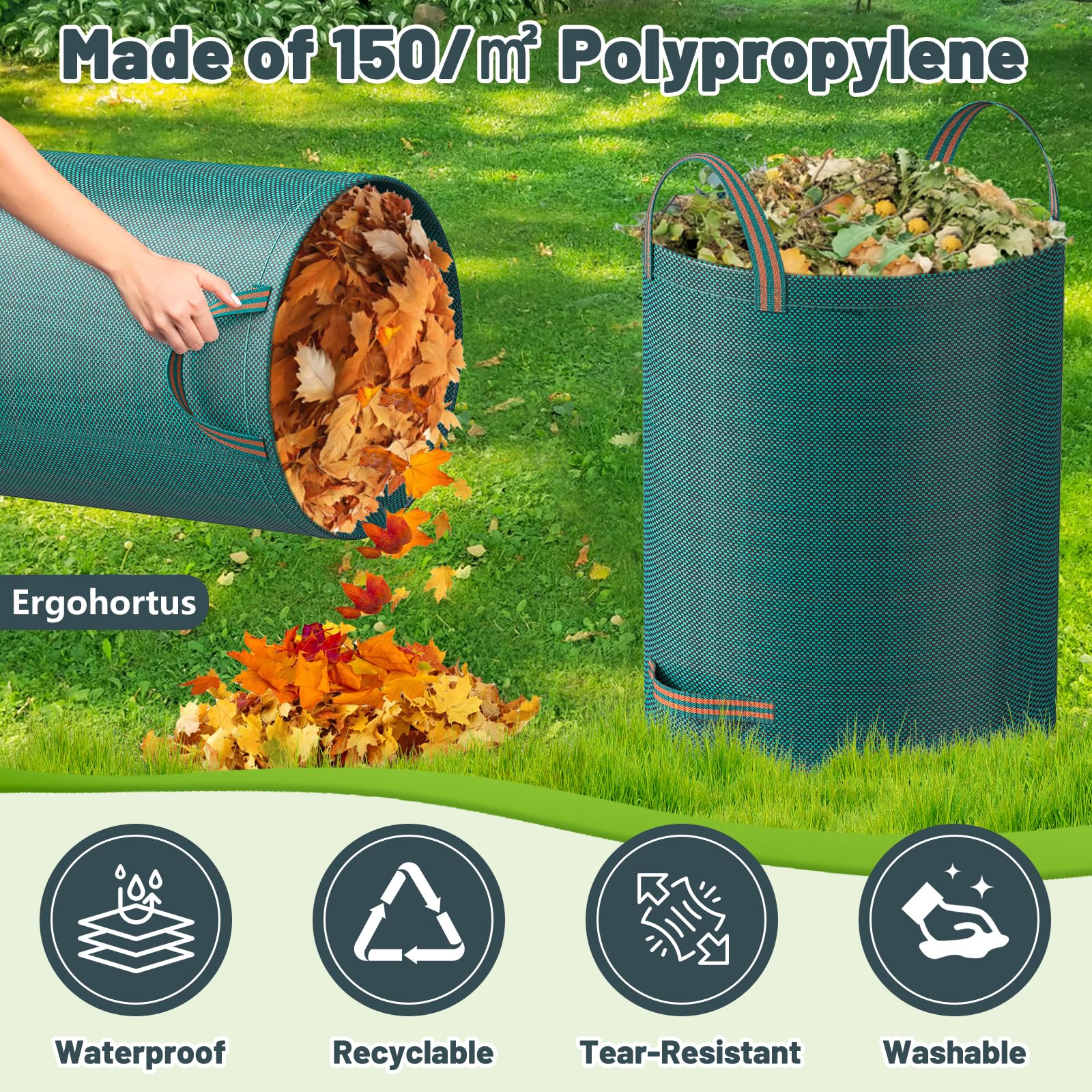 Garden Waste Bags Heavy Duty, 500L x 2 Reusable Garden Sacks with Handles, Industrial-Grade Fabric Recycling Garden Bags for Leaves, Trash, Debris, Garden Rubbish Bags Waterproof — view 4