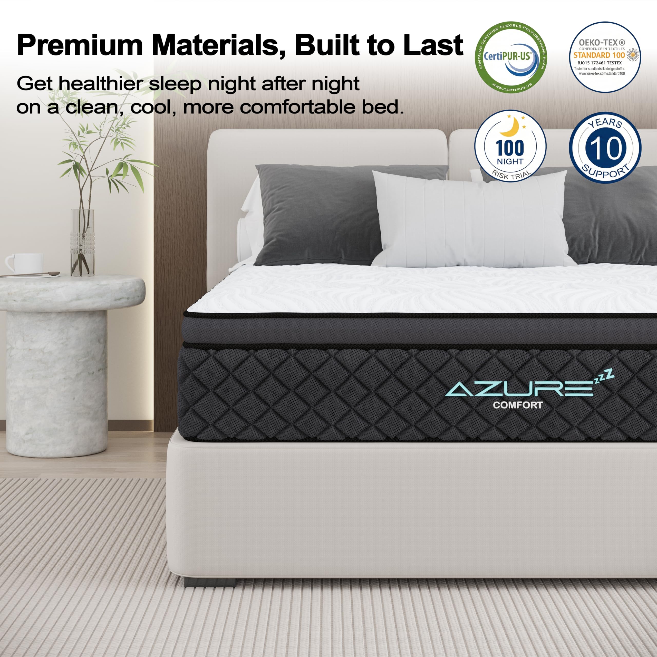Azure - Colchón individual de 90 x 190 x 30 cm, híbrido de espuma viscoelástica de gel de 12 pulgadas, muelles ensacados ortopédicos de 7 zonas, firmeza media, sistema Wave Comfort, aislamiento de