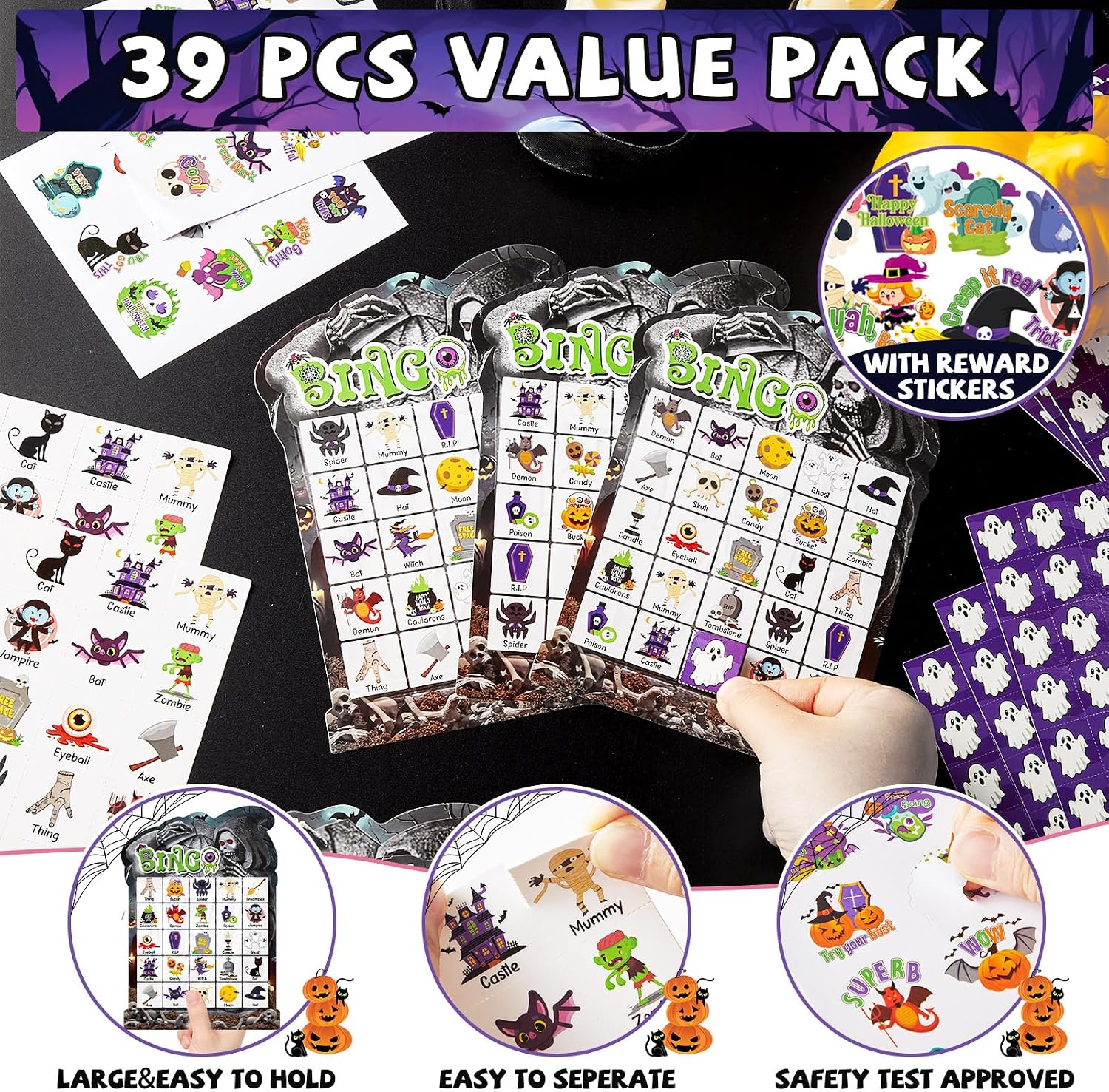 39 Pcs Halloween Party Bingo Game for Adults Kids 24 Players Tomb Shaped Bingo Game Card with Rewards Stickers for Families Friends Students Large Group Gathering Activities Boo Spooky Party Favors image 4