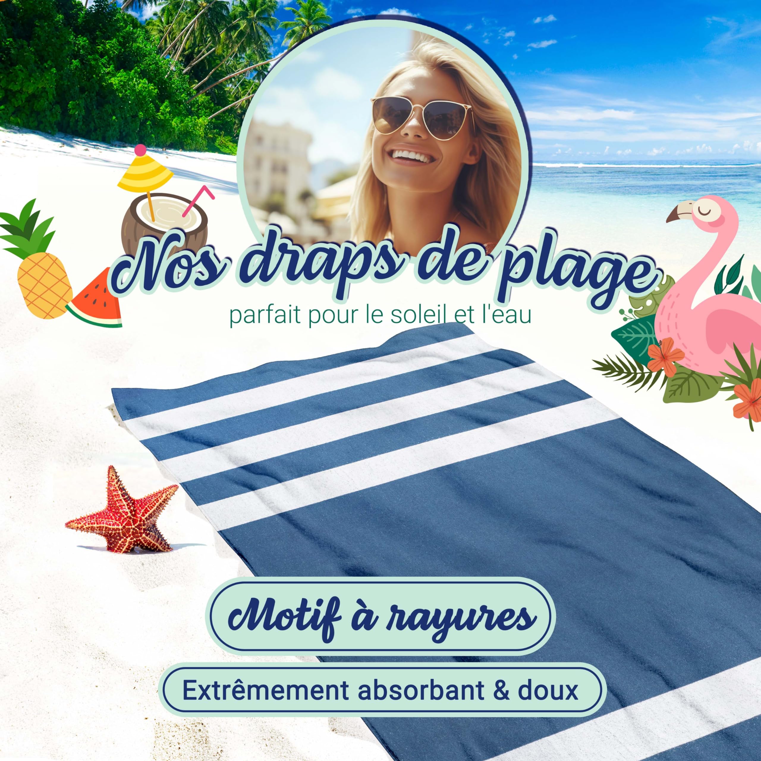 ZOLLNER Serviette de Plage - Serviette de Bain résistante et absorbante en 100x200 cm - Lavable jusqu'à 60°C - Coton - avec Motif Sportif à Rayures en Bleu - certifiée Oeko Tex®