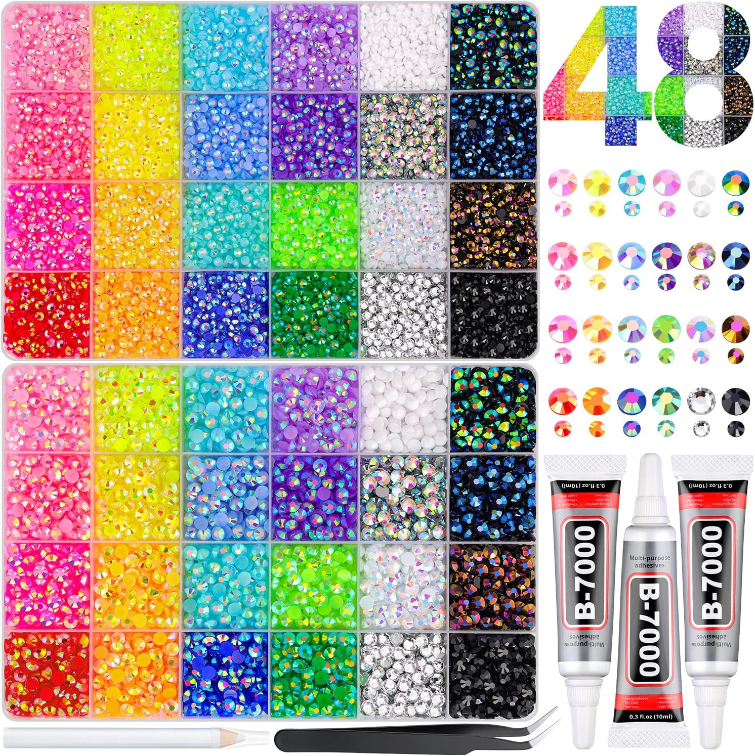 30000Pcs Resin Rhinestones for Bedazzling Kit, 2 Boxes Multicolor 3mm&4mm Bedazzled Crystal, Flatback Gems with 3Pcs 10ml B7000 Jewelry Glue for DIY Crafts Clothing Nail Art Makeup