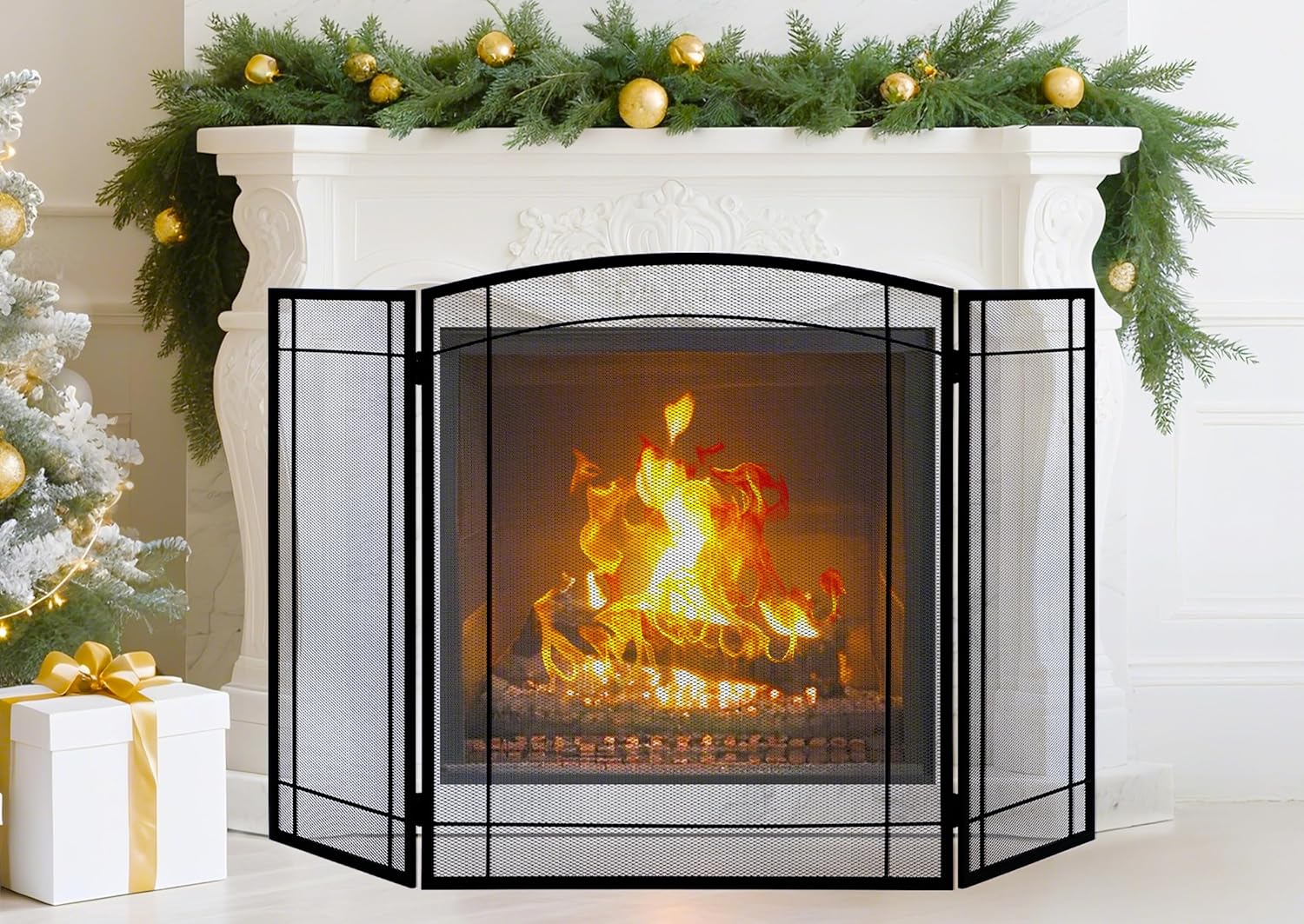 feed garden 3 panel fireplace screen 48" w x 29" h modern foldable with wrought metal decorative mesh,arch heavy duty fire spark guard cover for home decor indoor, black