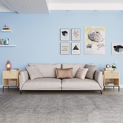 Miniatura 10 de XIAO WEI Juego de 2 mesitas de noche grandes con puertas de cuerda de papel natural tejidas a mano, mesita de noche bohemia, mesa auxiliar de cama,