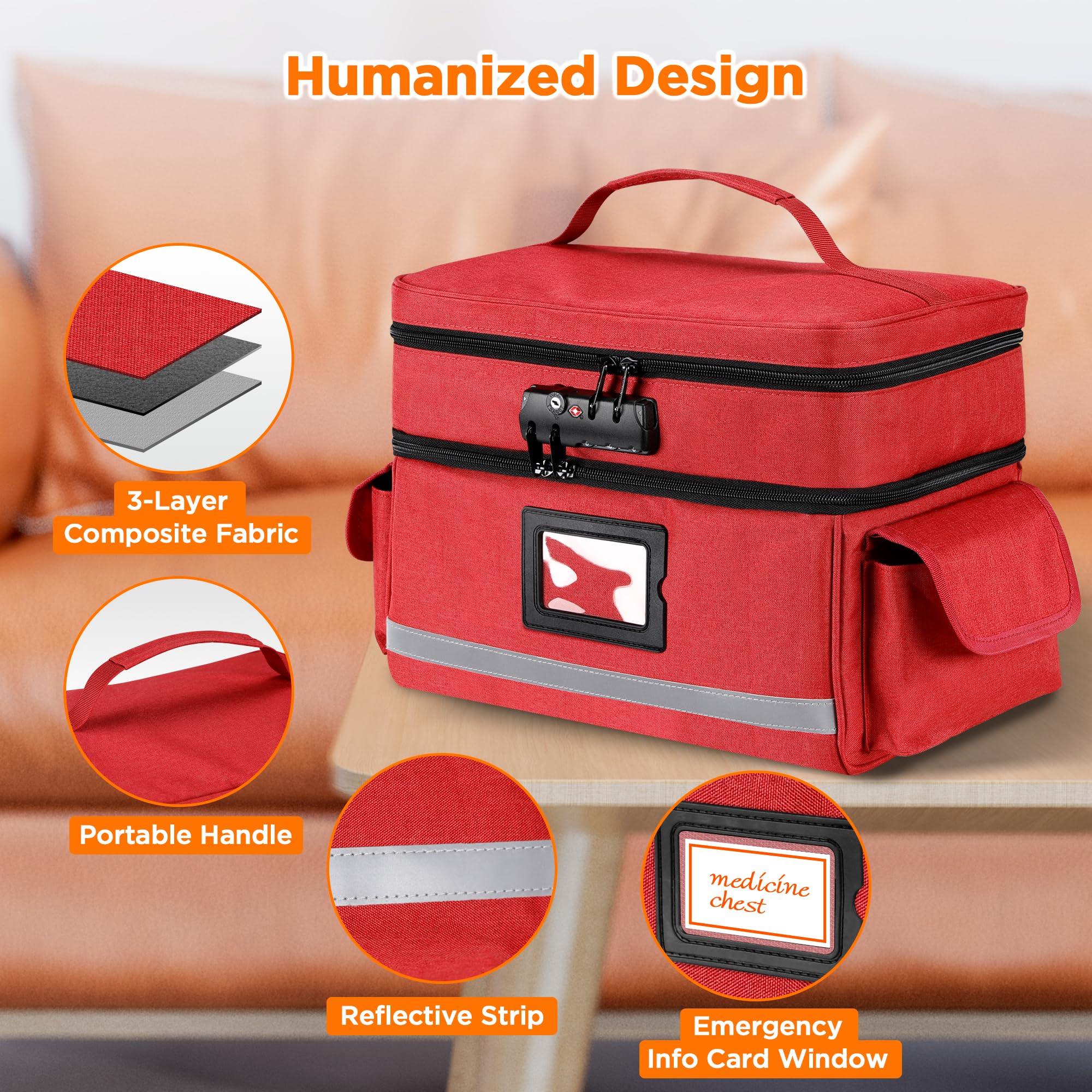 Zannaki Sac de rangement pour médicaments avec serrure à combinaison, double couche, pilulier vide, boîte de verrouillage de médicaments avec fermetures éclair pour ordonnance, vitamines, suppléments