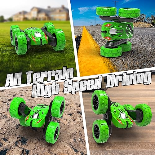 Miniatura 5 de STEMTRON Coche de control remoto verde de 2.4 GHz, auto de acrobacias a control remoto de doble cara que corre rápido y VOLANTEXRC amarillo anfibio