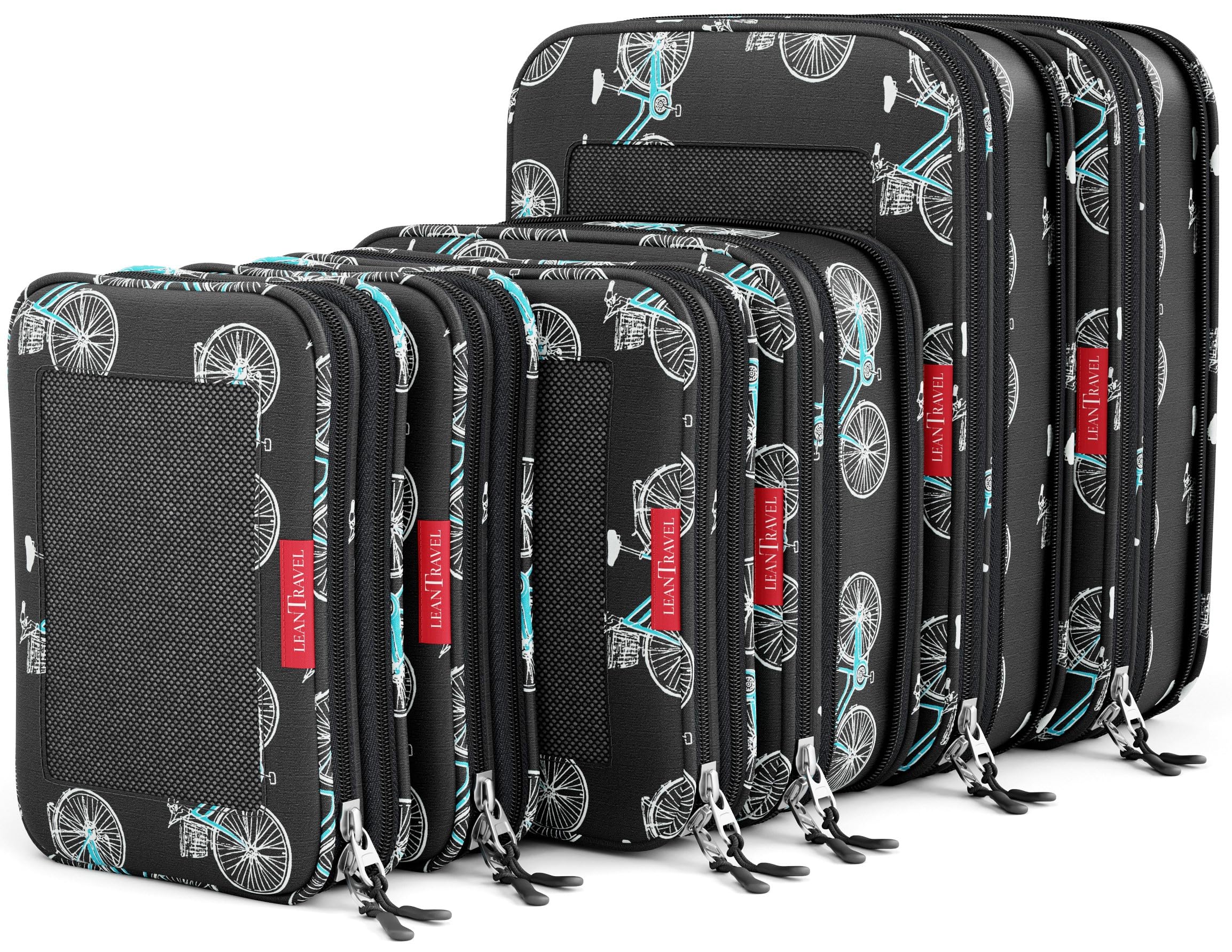 LeanTravel Compression Packing Cubes for Travel Organizers with Double Zipper (6-Pack (2L+2M+2S), Bicycles)