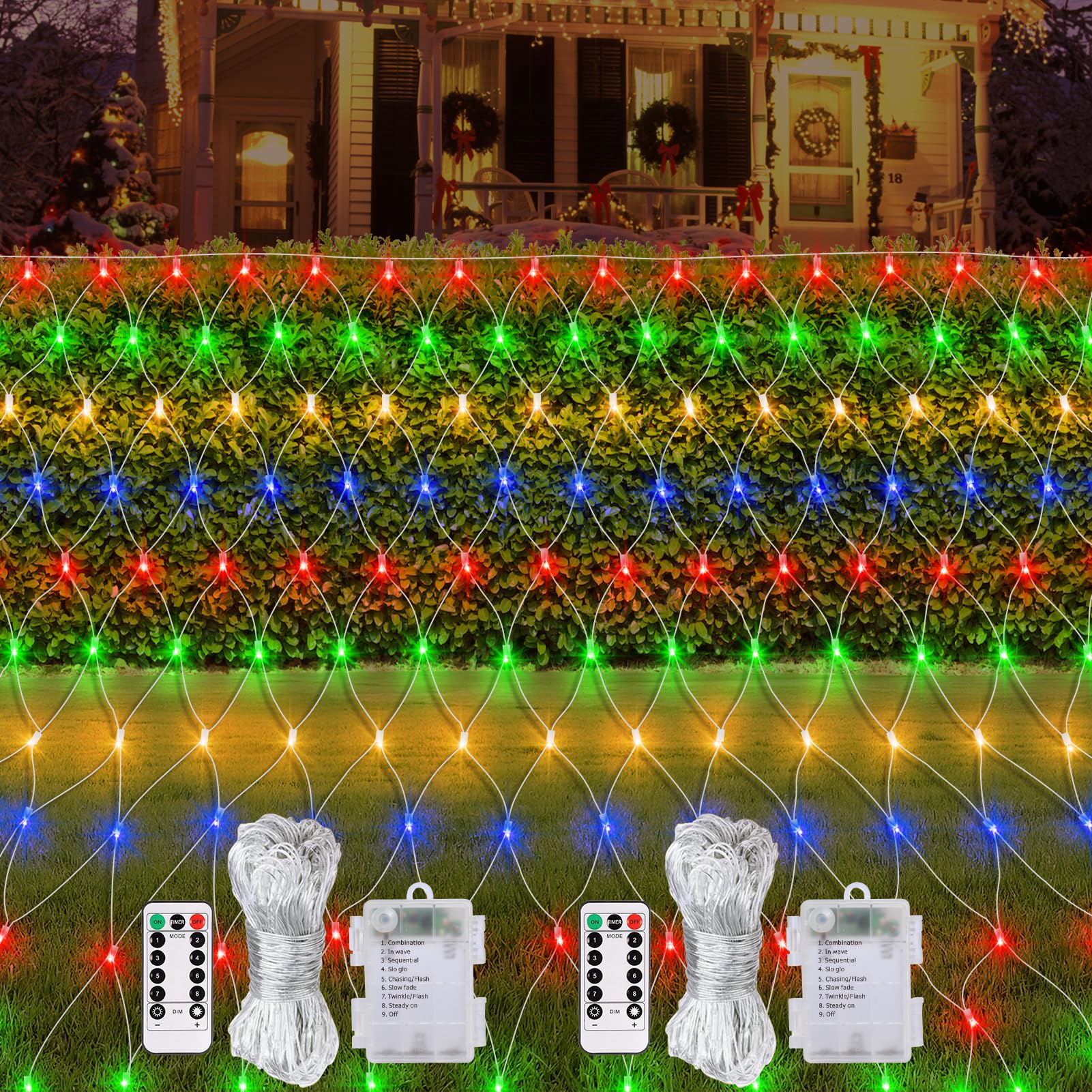 Paquete de 2 luces de red de Navidad que funcionan con pilas, 1,5 m x 1,5 m, 100 luces LED con temporizador remoto, 8 modos regulables, luces de malla para exteriores, para árbol de Navidad, arbusto,