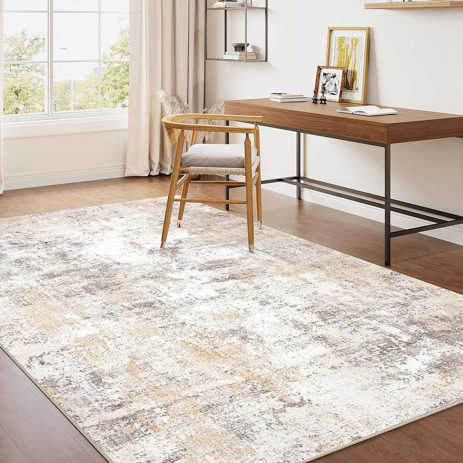 WondRg 3x4 Washable Area Rug Beige Grey Abstract Entryway Office Throw Rug Neutral Modern Non Slip Soft Low Pile Small Carpet for Kitchen Living Room Bedroom Entrance