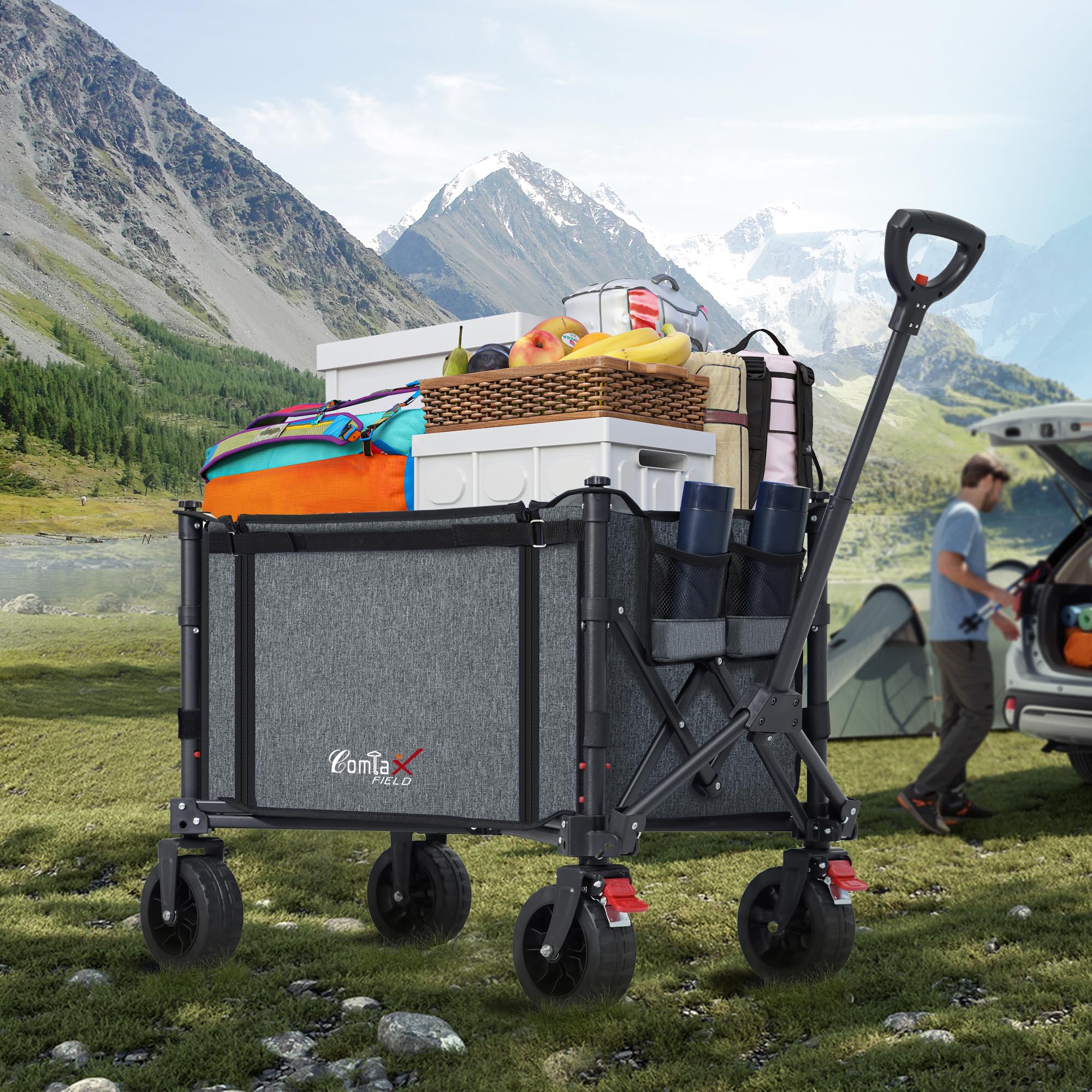COMLAX FIELD Carro plegable con ruedas grandes para todo terreno, 120 l, 100 kg, plegable, con frenos, carrito de playa, para playa, jardín, camping, compras, color gris