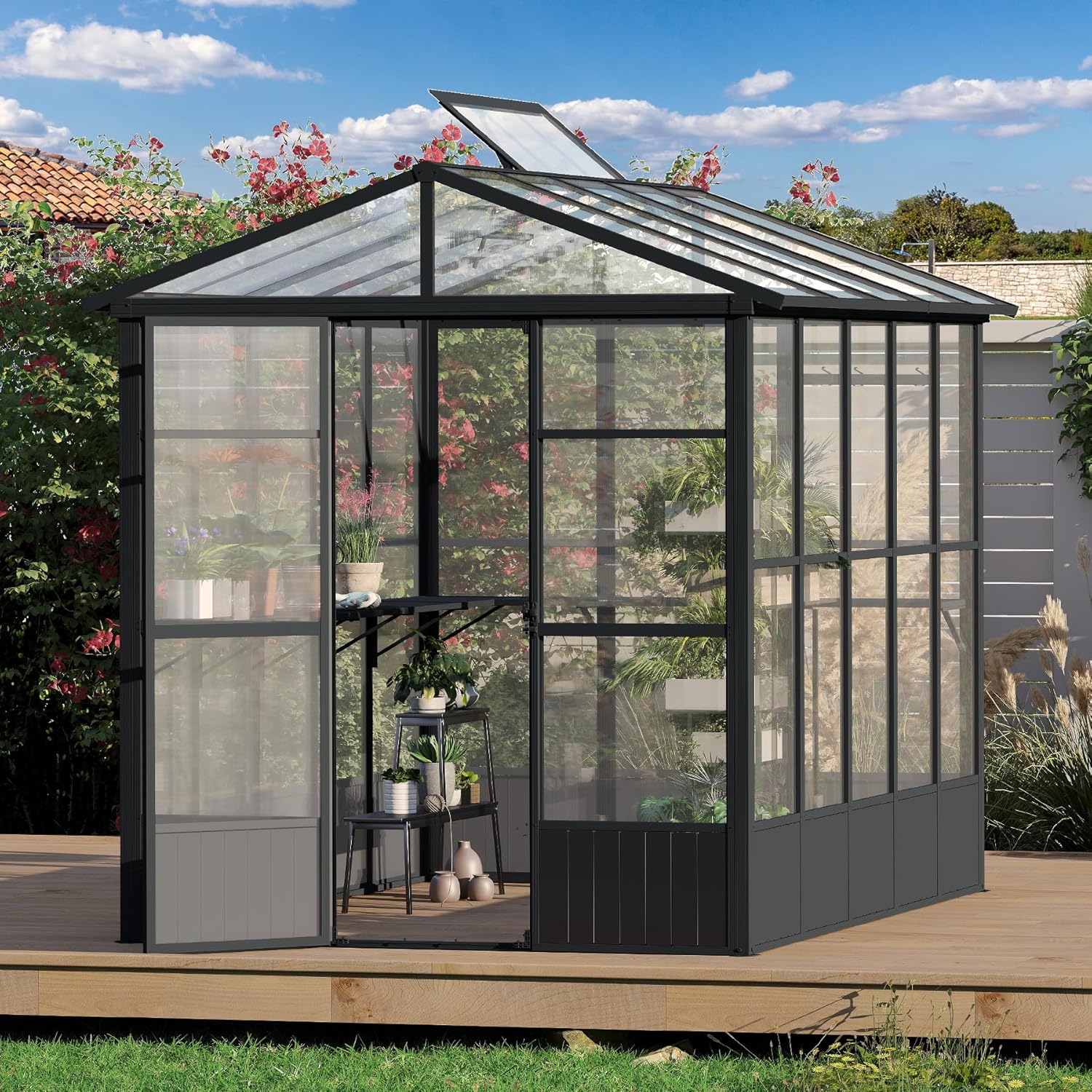 8X10 FT Greenhouses for Outdoors,Polycarbonate Green House for Outside, Automatic On/Off Vent System, Walk in Greenhouses Built-in Shelf & 5 Moveable Hooks, Green Houses for Potting, Flower