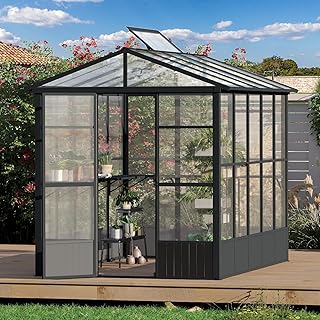 SHPAI 6.5X8 FT Greenhouses for Outdoors,Polycarbonate Green House for Outside, Automatic On/Off Vent System, Walk in Greenhouses Built-in Shelf & 5 Moveable Hooks, Green Houses for Potting, Flower