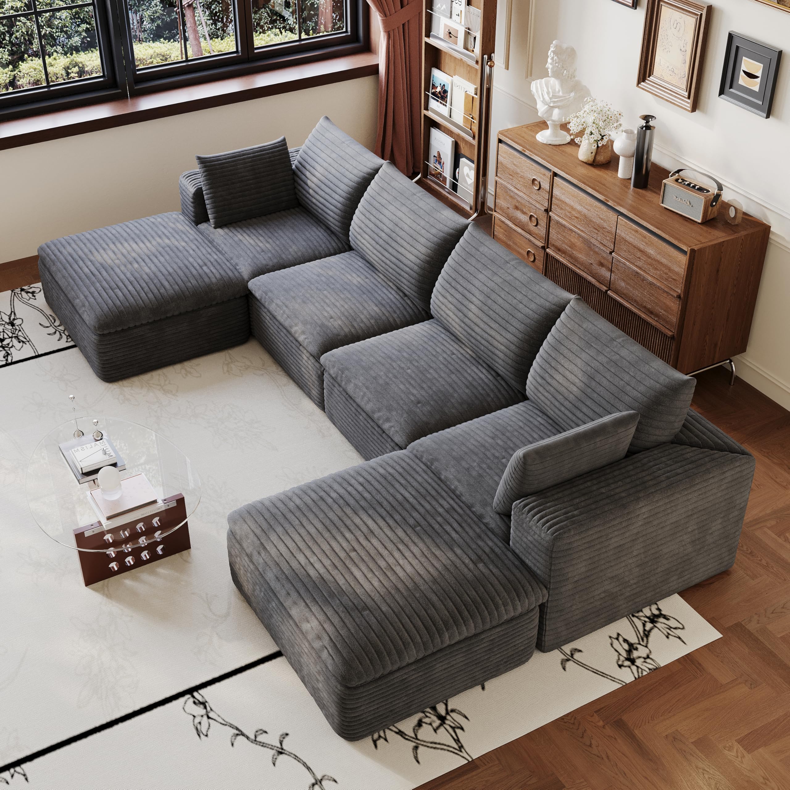 Sofá modular en la nube de pana suave, sofá sin boneless, sofá esquinero con función de dormir, acolchado extraíble, sin montaje, para salón, dormitorio y apartamento, gris oscuro
