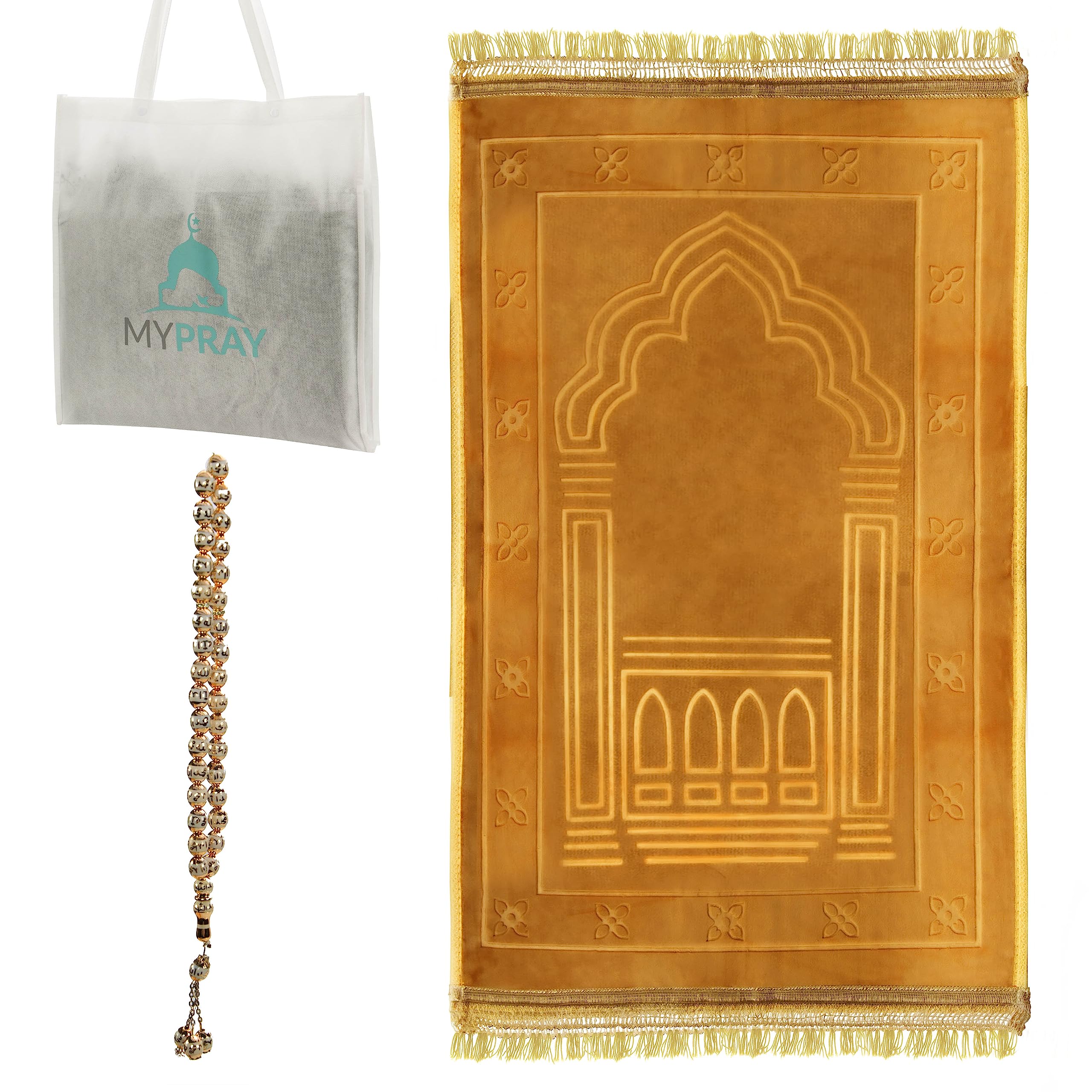 Tapis de prière épais avec Tesbih et sac Seccade beige doré pour adulte