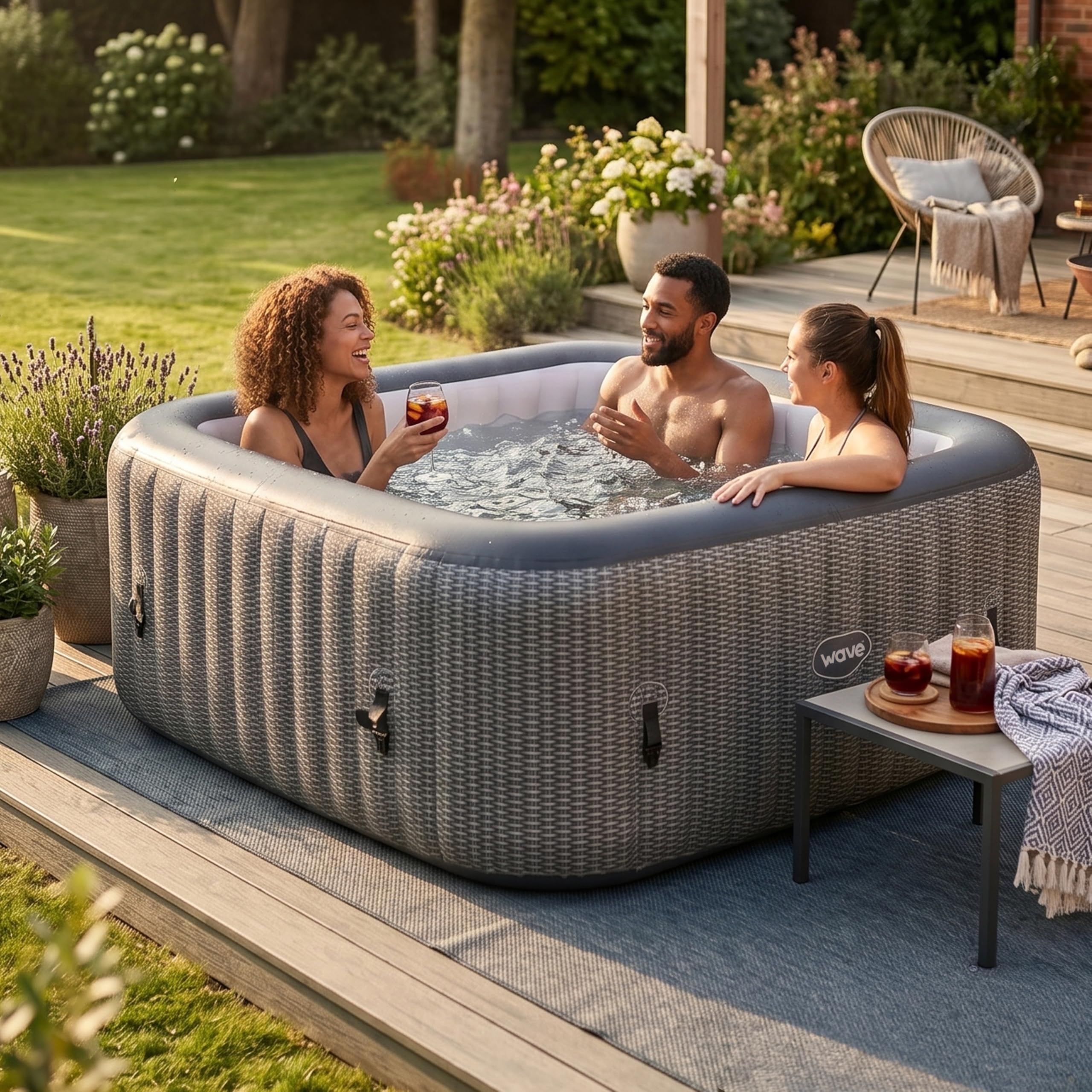Spa Gonflable Wave | Chauffage écologique intégré | Système de Massage Aquajet | Protection antigel | Configuration Rapide en 15 Minutes (Pacific, Rotin Gris | 4 Personnes)