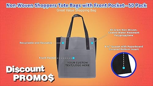 Miniatura 3 de DISCOUNT PROMOS Juego de 50 bolsas de bolsillo no tejidas para compradores, texto personalizable, logotipo, bolsillo frontal, vibrante, reciclable,