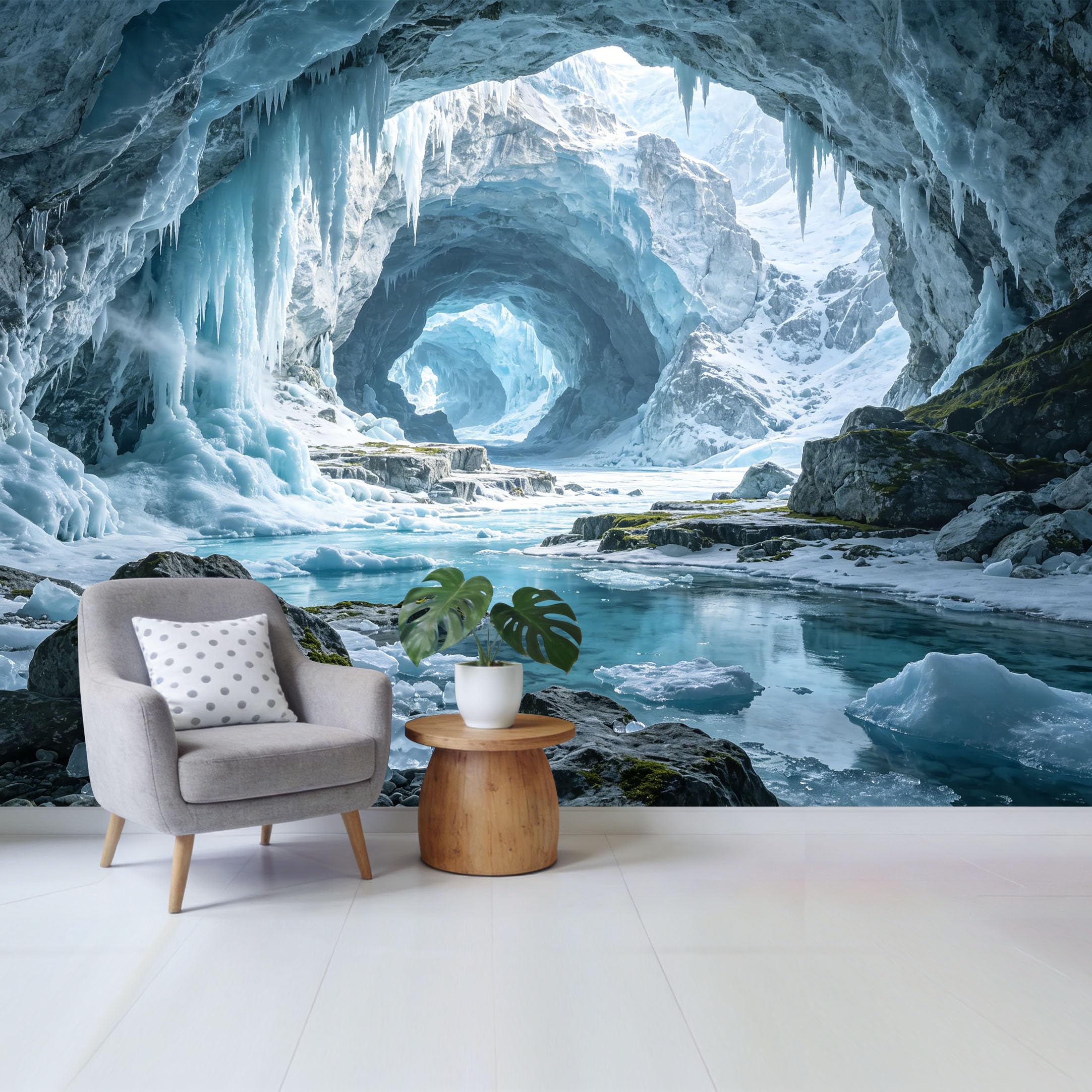Custom Size Wall Mural Frozen Glacier Cave Landscape ICY Blue Mountain Lake View Removable Self Adhesive Fabric Home Wall Decor for Living Room Bedroom Bathroom