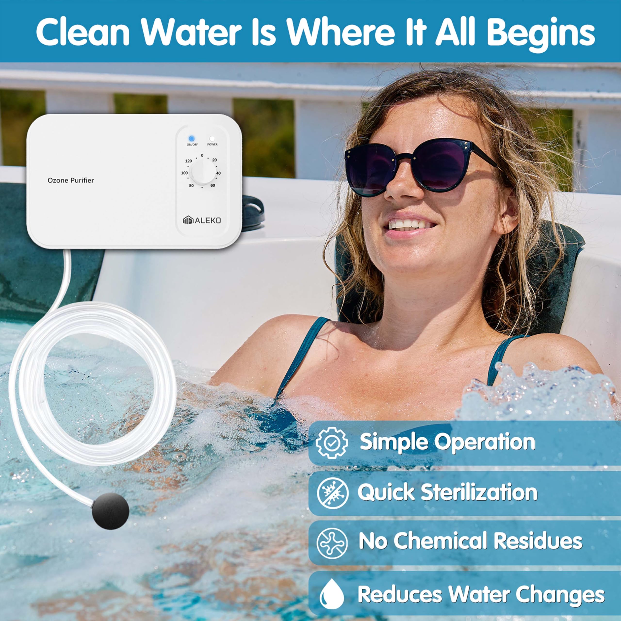 Purificateur d'ozone pour jacuzzi et plongeons froids – Système d'assainissement de l'eau sans produits chimiques avec pierres d'air et tubes – Aide à réduire les bactéries et les changements d'eau