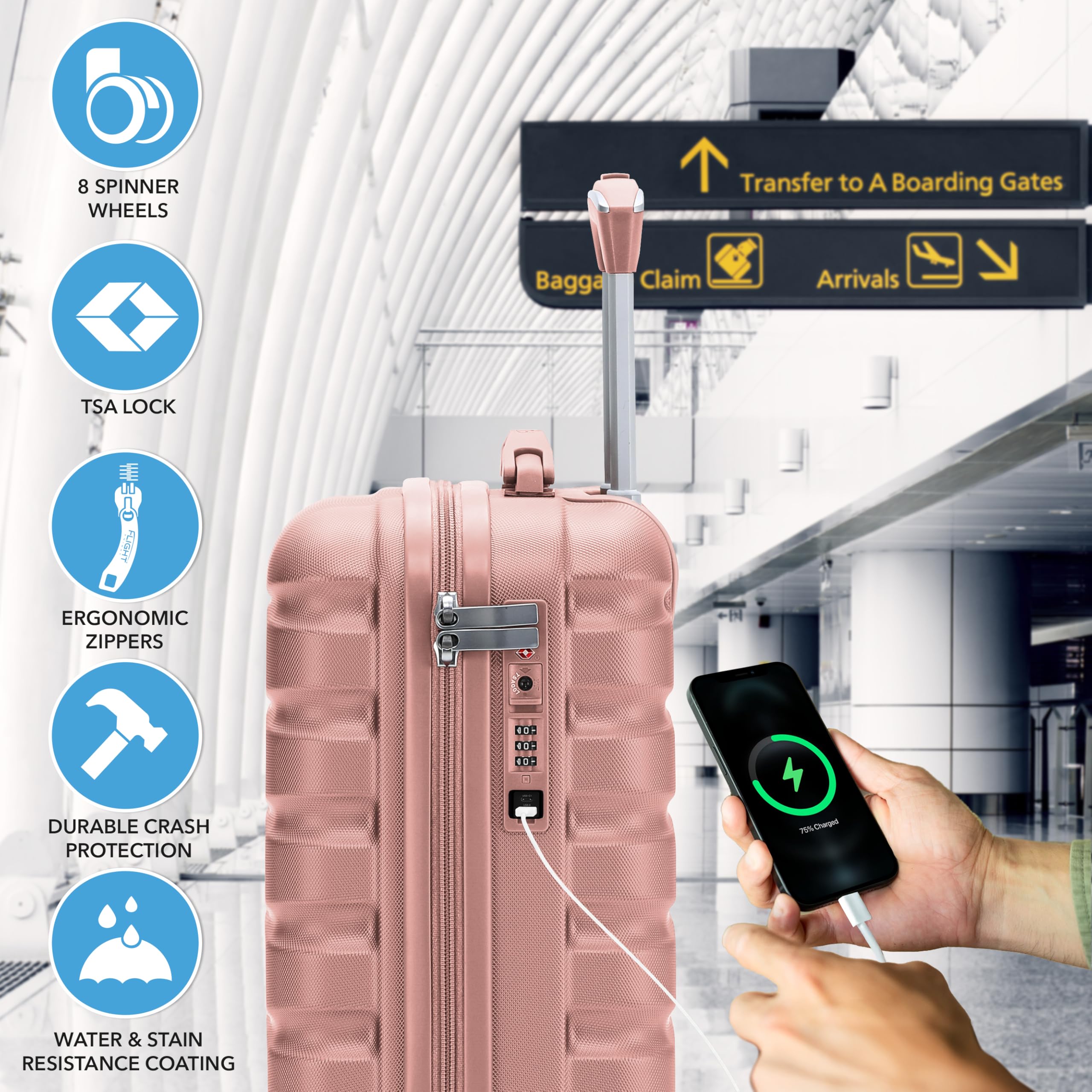 Flight Knight Valigia rigida con serratura TSA integrata e porta USB, leggera, silenziosa, doppia ruota, dimensioni massime della borsa da trasporto per compagnie aeree americane e unite