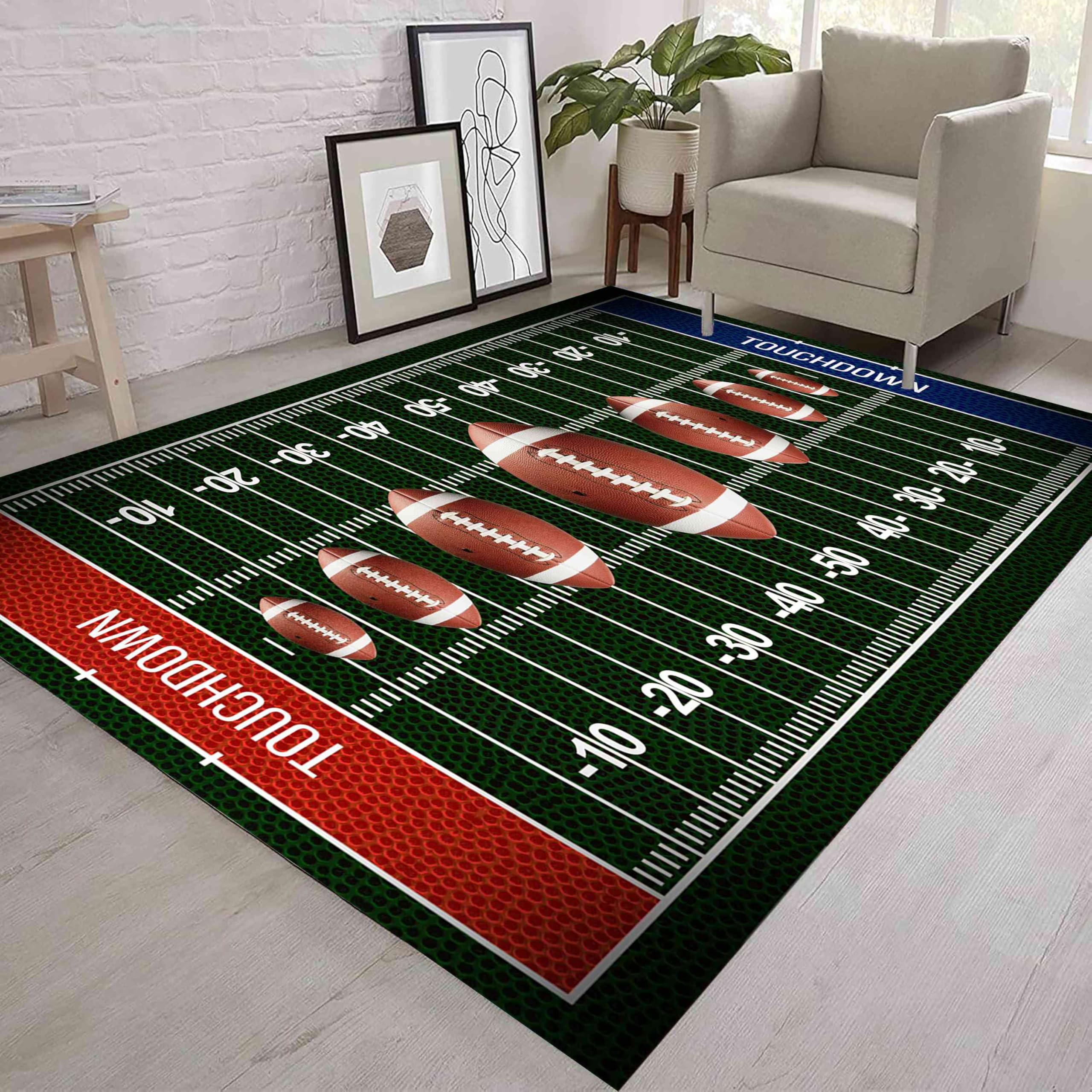 Kuluoits Sports Field Area Rug, 180x260cm, Football Rug Fun Home Decor Game Mat, Non-Slip Washable Kids Indoor Mat, Low Pile Rugs With Non-Slip Rubber Backing for Boys Girls Sports Theme Room, Green