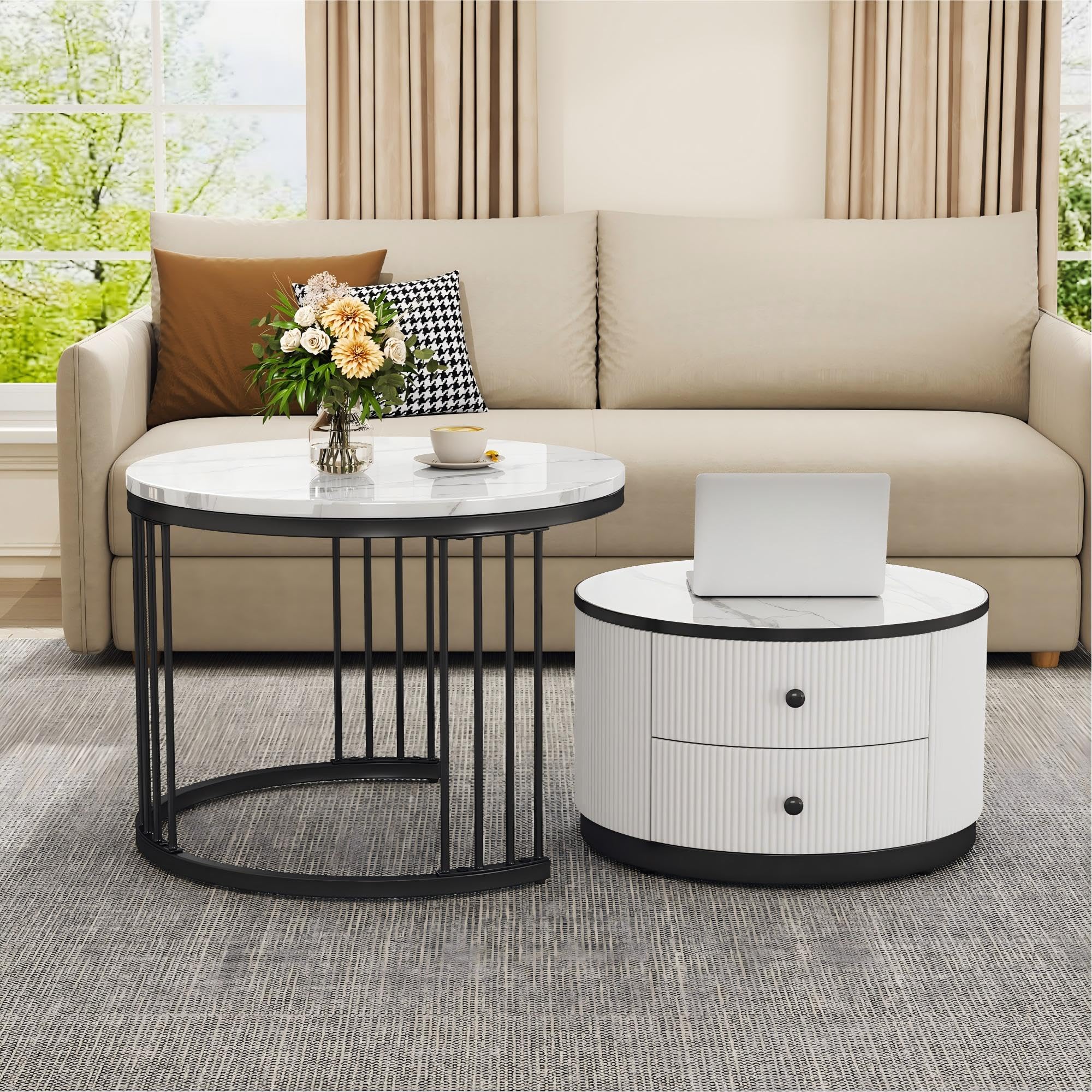 ModernLuxe 2-in-1 Coffee Table, High Gloss Round Nest of Tables, Multi-functional Side Table with Black Metal Frame Legs and Marble Pattern White Top, 2 Storage Drawers, Nesting Tables for Living Room