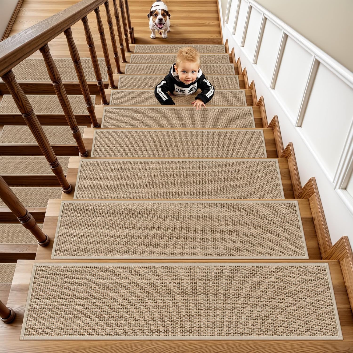 ojia stair treads for wooden steps indoor washable stair carpet non-slip 15pcs 30"x8" rubber backing stair mats stair runners for kids, elders and dogs, staircase step treads stair covers 15pcs natural 15