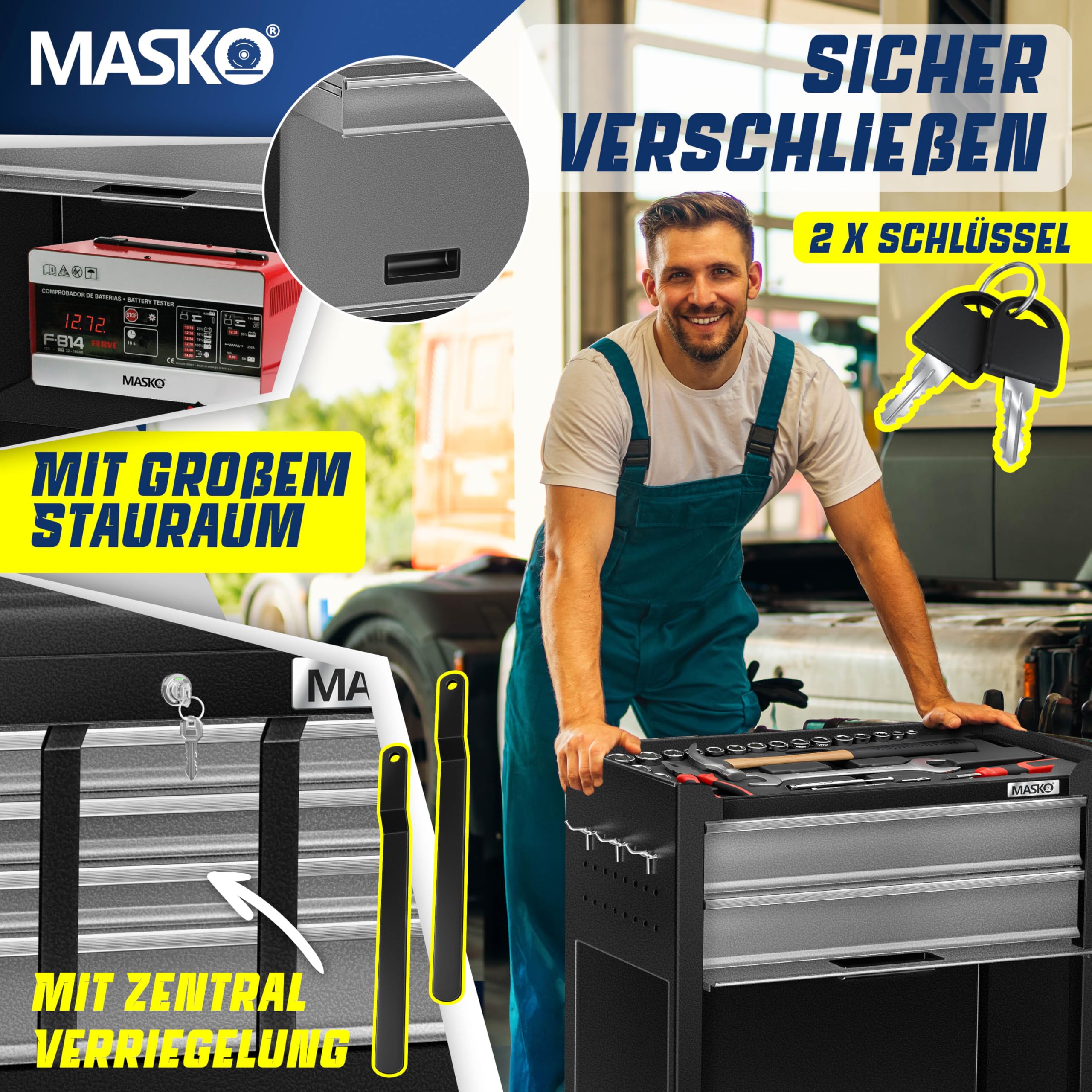 MASKO® Werkstattwagen inkl. Koffer - 9 Fächer Abschließbar | Massives Metall | Mobiler Werkzeug-Wagen ohne Werkzeug | Profi| Rollwagen zur Werkzeugaufbewahrung mit Schloss | Schwarz/Grau