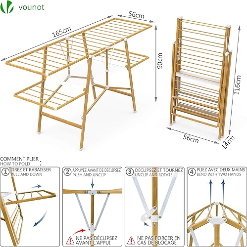 Miniatura 4 de VOUNOT Tendedero plegable para ropa interior, 78.7 ft, metal, diseño de madera de imitación
