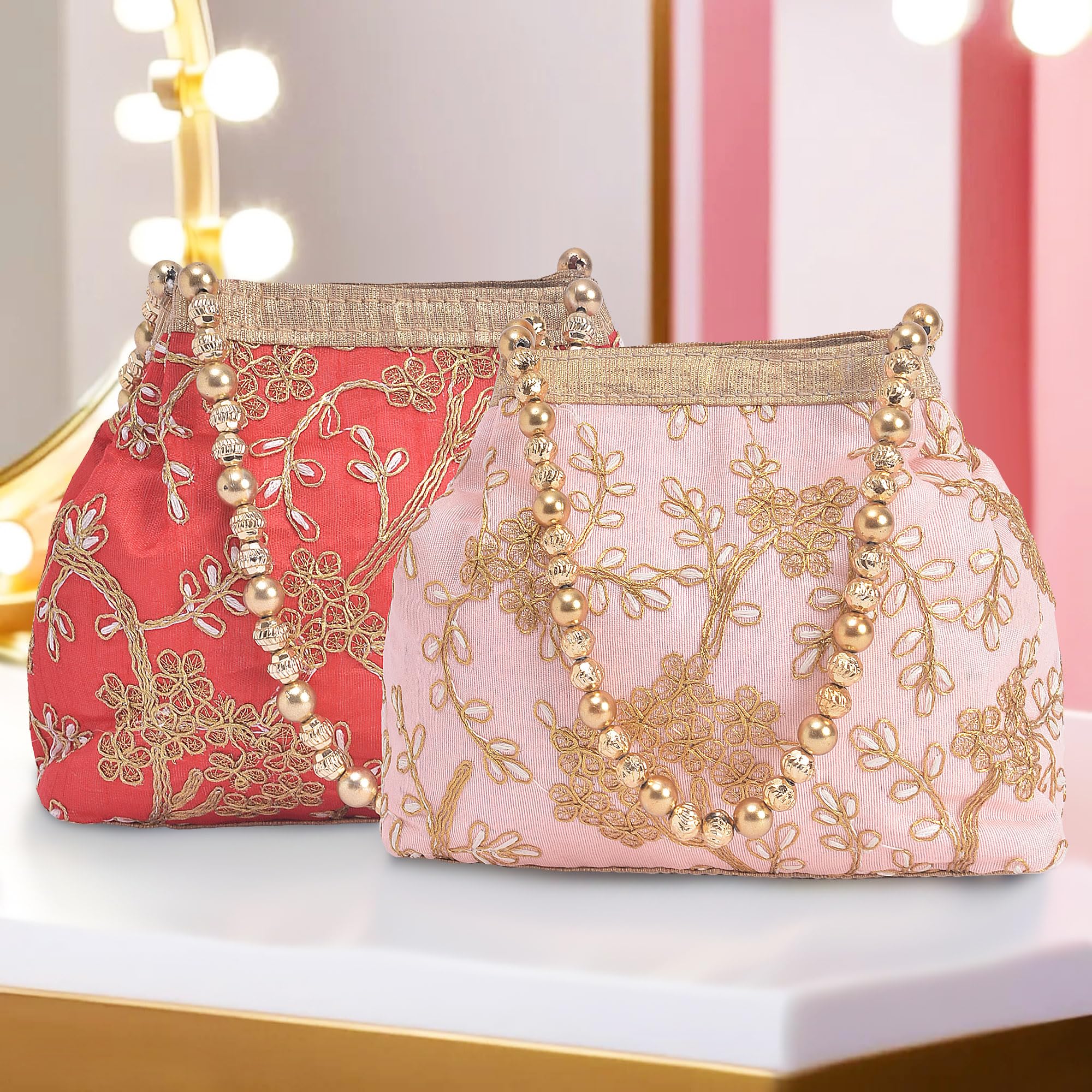 Urbane Home Pack of 2 Potli Bags for Ladies & Girls | Women Shagun Pouches for Festive Seasons | Bridal Purse | Moti Embroidery- Peach & Red-image-38