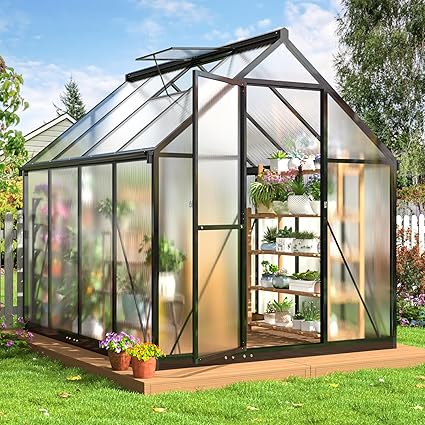 6x7.5 FT Greenhouse for Outdoors, Polycarbonate Greenhouse with Quick Setup Structure and Roof Vent, Aluminum Large Walk-in Green House for Outside Garden Backyard, Black