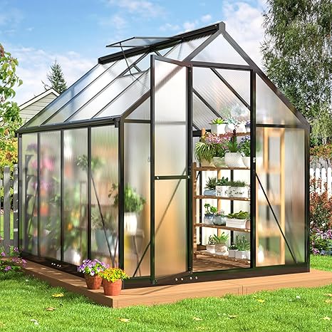 6x7.5 FT Greenhouse for Outdoors, Polycarbonate Greenhouse with Quick Setup Structure and Roof Vent, Aluminum Large Walk-in Green House for Outside Garden Backyard, Black