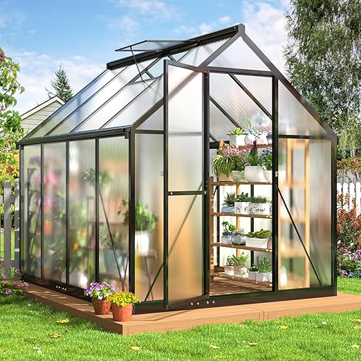 6x7.5 FT Greenhouse for Outdoors, Polycarbonate Greenhouse with Quick Setup Structure and Roof Vent, Aluminum Large Walk-in Green House for Outside Garden Backyard, Black
