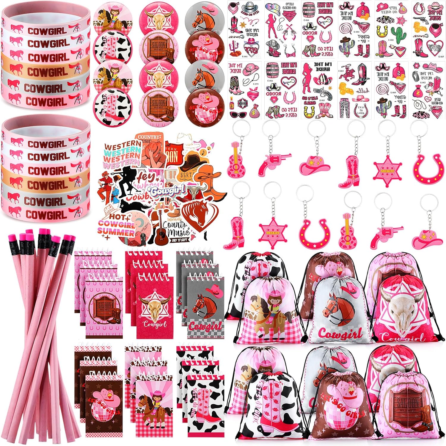 Liliful 140 Pcs Cowgirl Party Favors Include Cowgirl Drawstring Backpacks Bracelets Books Badges Keychains Pink Pencils Pink Horse Stickers Tattoo Stickers for Disco Western Birthday