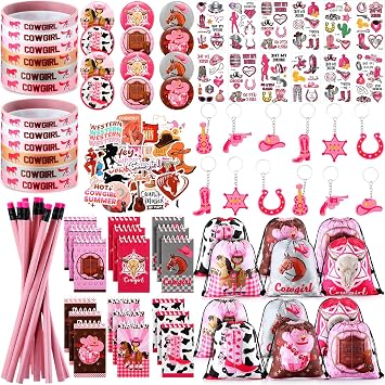 Liliful 140 Pcs Cowgirl Party Favors Include Cowgirl Drawstring Backpacks Bracelets Books Badges Keychains Pink Pencils Pink Horse Stickers Tattoo Stickers for Disco Western Birthday