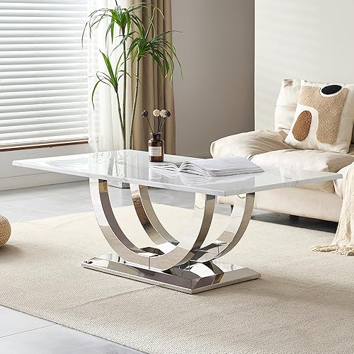 Miniatura 9 de Mesa auxiliar moderna de 50.4 pulgadas, mesa central de mármol sintético blanco con base de acero inoxidable en forma de U plateada, mesa de cóctel