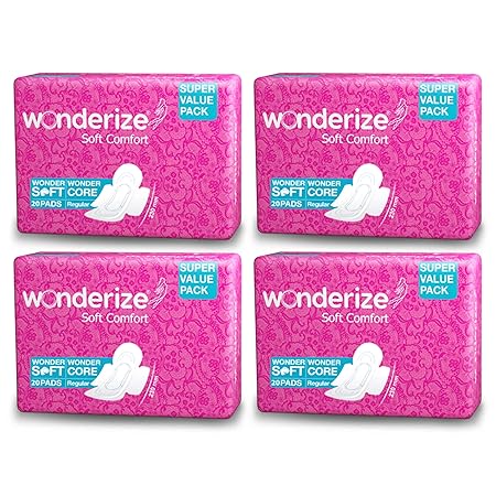 Wonderize Soft Comfort Cotton Sanitary Napkins for Women 80 Pads (Combo of 4) Size Regular 230mm, Super Saver Pack