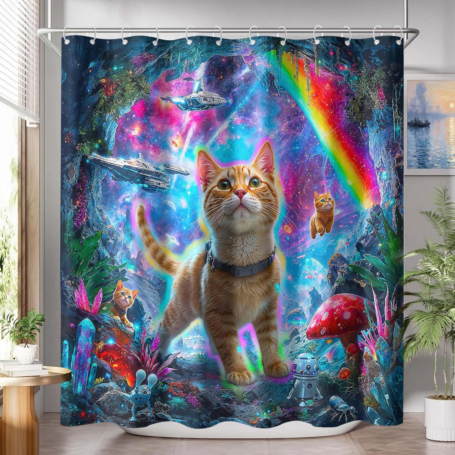 Space Cat Shower Curtain Set Cosmic Adventure Waterproof Bathroom Curtain Funny Kitten Astronaut Home Decor 72x72 Inch