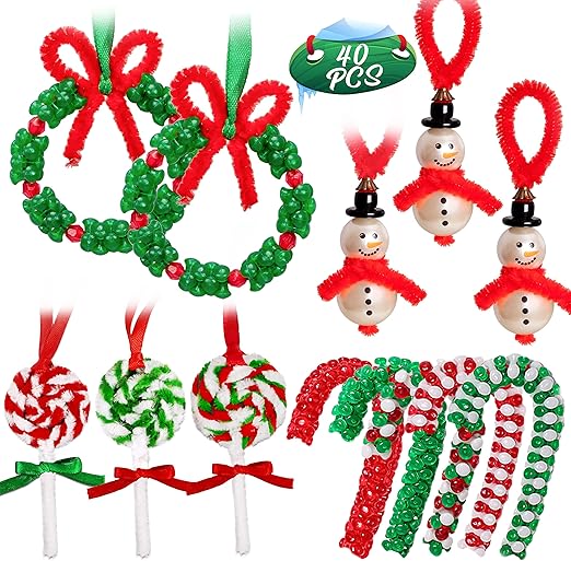 40PCS Christmas Crafts for Kids Beaded Ornament Kit - Including 10 PCS Snowman,12 PCS Wreath,8PCS Candy Cane,10PCS Lollipop, Xmas Holiday Party Tree Favor Decorations