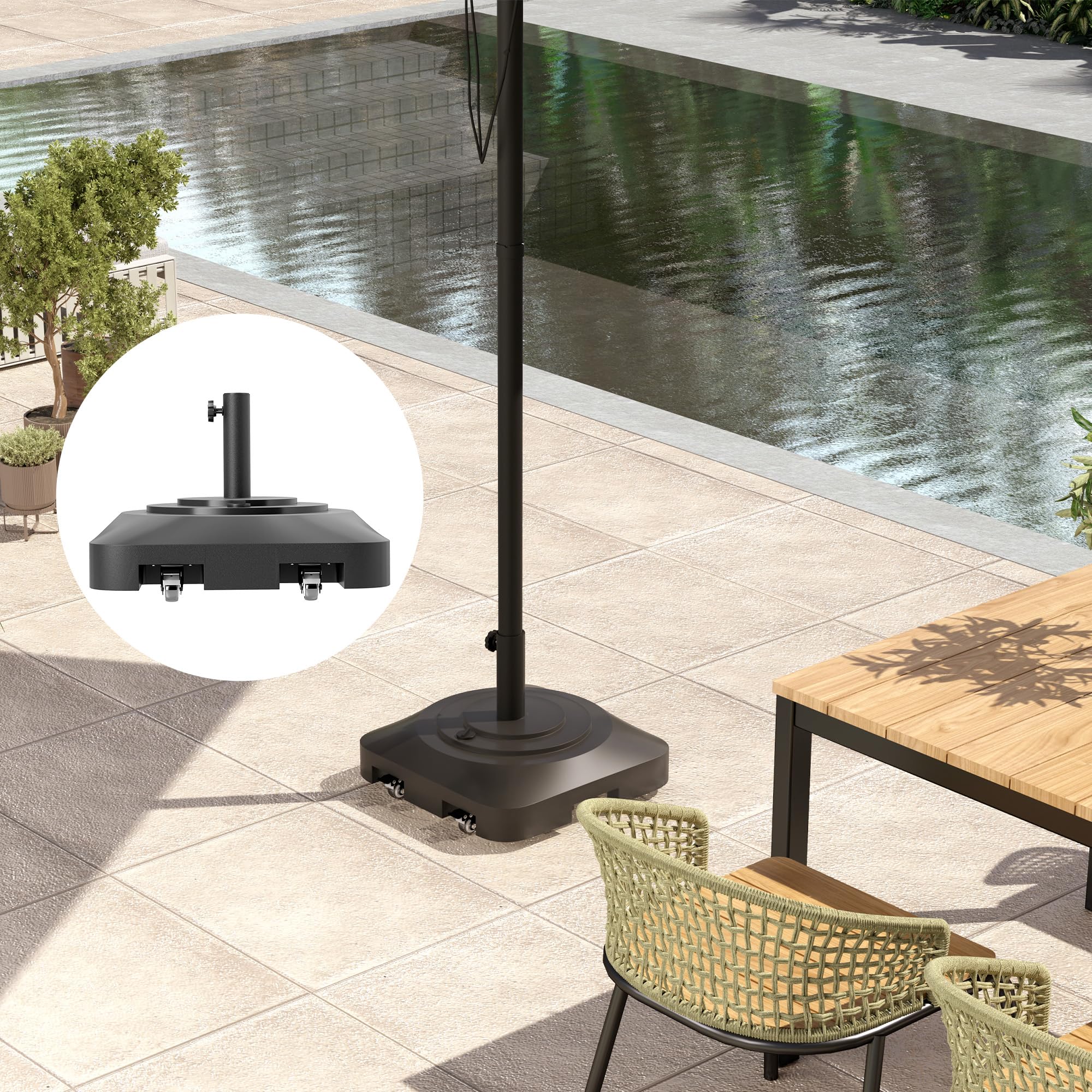 Outsunny Base per Ombrellone a Rotelle con 2 Freni, Basamento per Ombrellone in HDPE con Acqua 19kg e Sabbia a 25 kg, per Pali di Ombrelloni da Ø38/48 mm, 48x48x32.5 cm, Nero