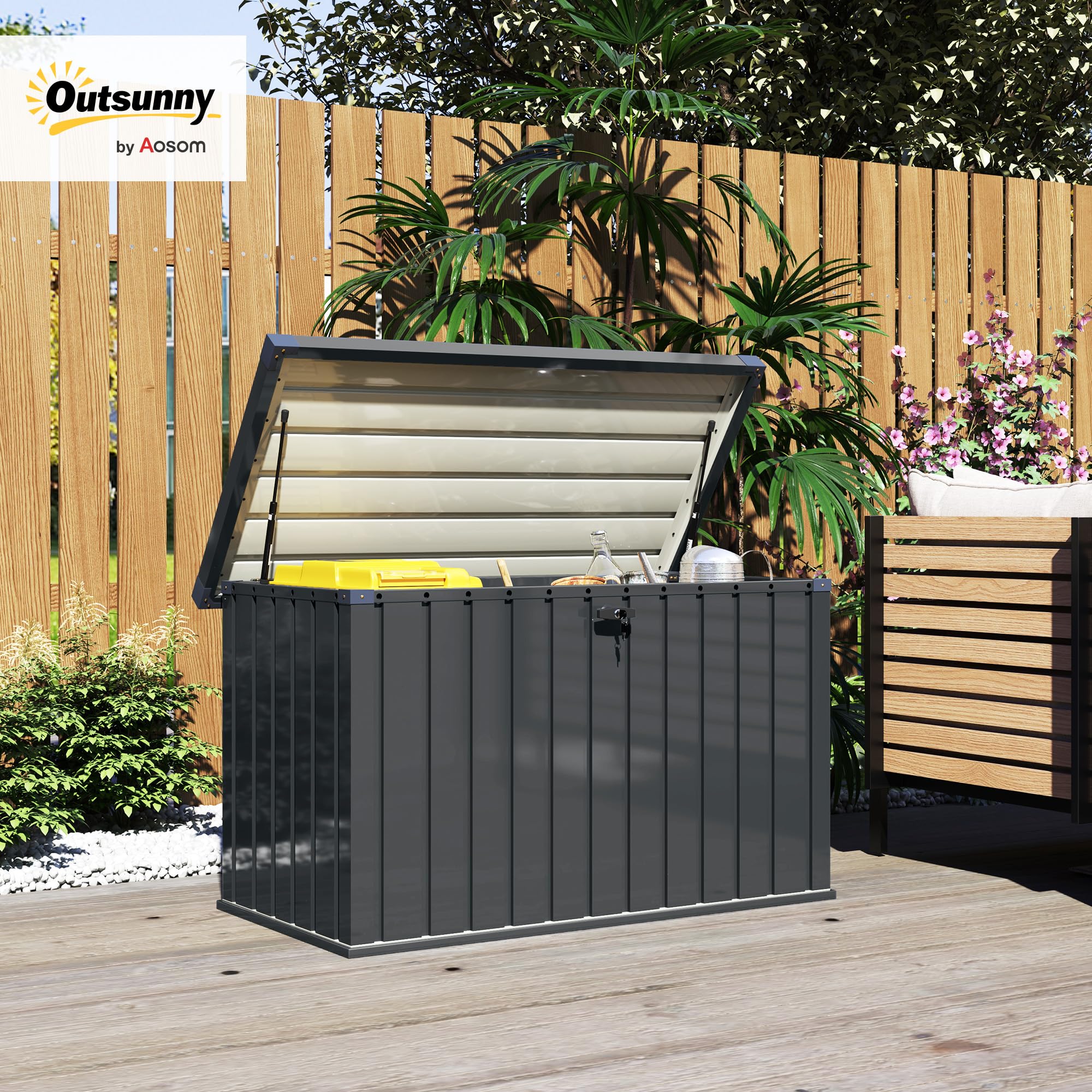 Outsunny Baule da Esterno da 400L con Coperchio a Doppia Leva, Serratura e 2 Chiavi, Cassapanca Contenitore da Esterno Impermeabile in Acciaio Zincato, 124x66x72 cm, Grigio Scuro
