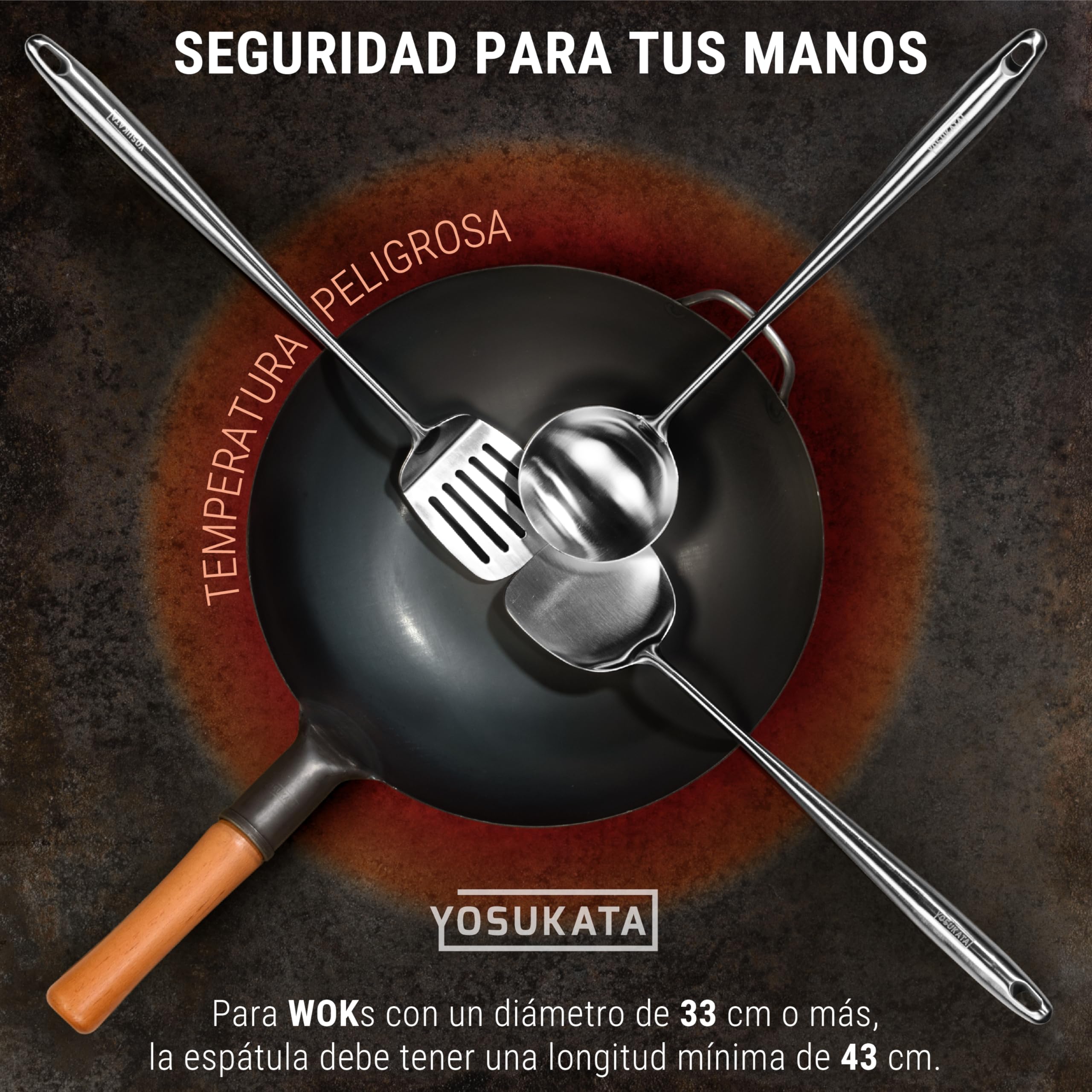 OSUKATA Espátula y Cucharón y Espátula de Cocina Ranurada para Wok 43 cm - Juego de Utensilios de Acero Inoxidable 304 - Cuchara Ranurada - Cucharón Sopa - Pala Cocina - Accesorios de Wok