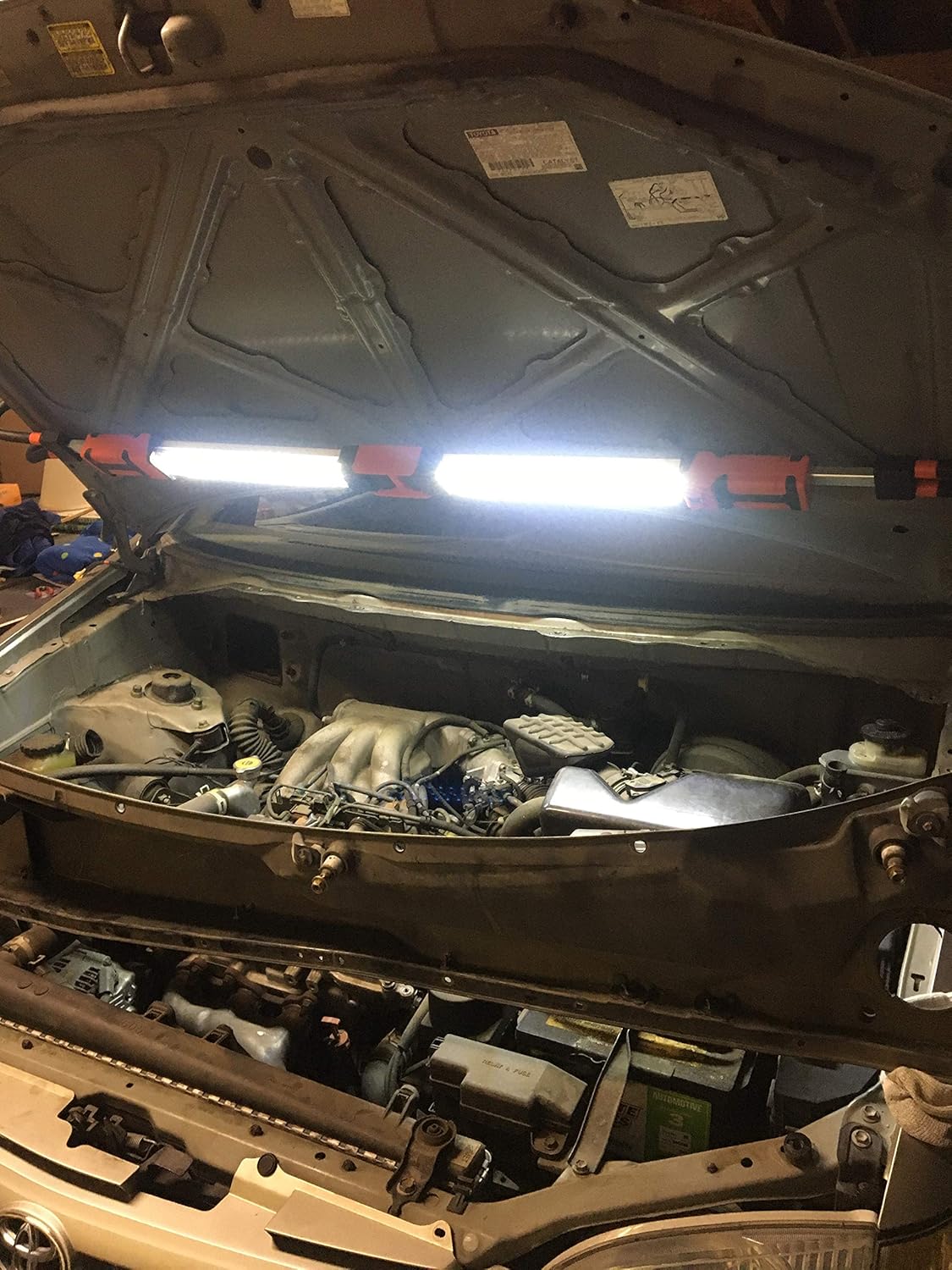 LARIN 120-LED Rechargeable Underhood Work Light Bar mounted under a car hood