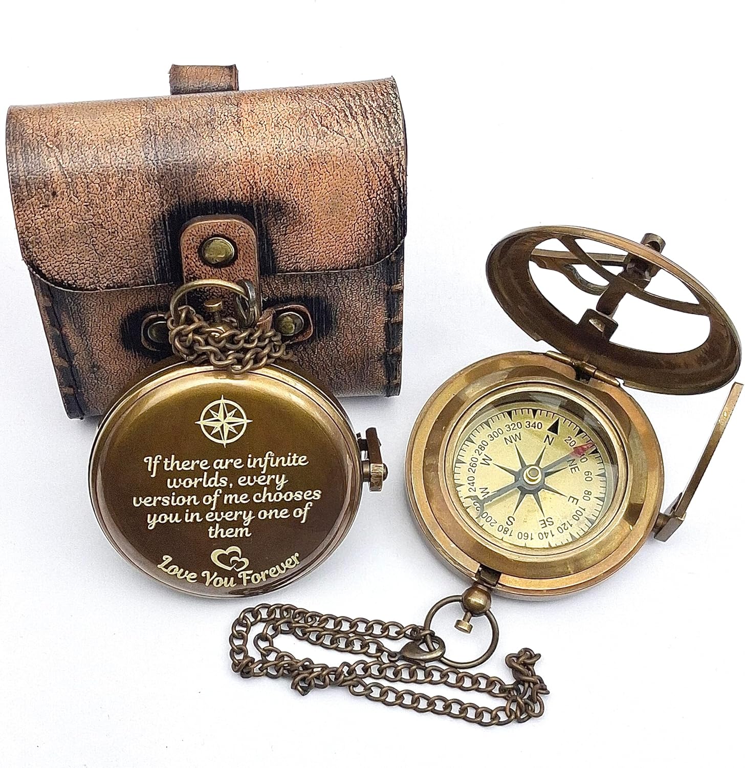 Infinity Love Engraved Brass Pocket Compass with Sundial – Personalized Sundial Compass - Luxury Gift - Anniversary Sundial Compass - Brass Personalised Gifts for Men with Engraved Message, 3 inch