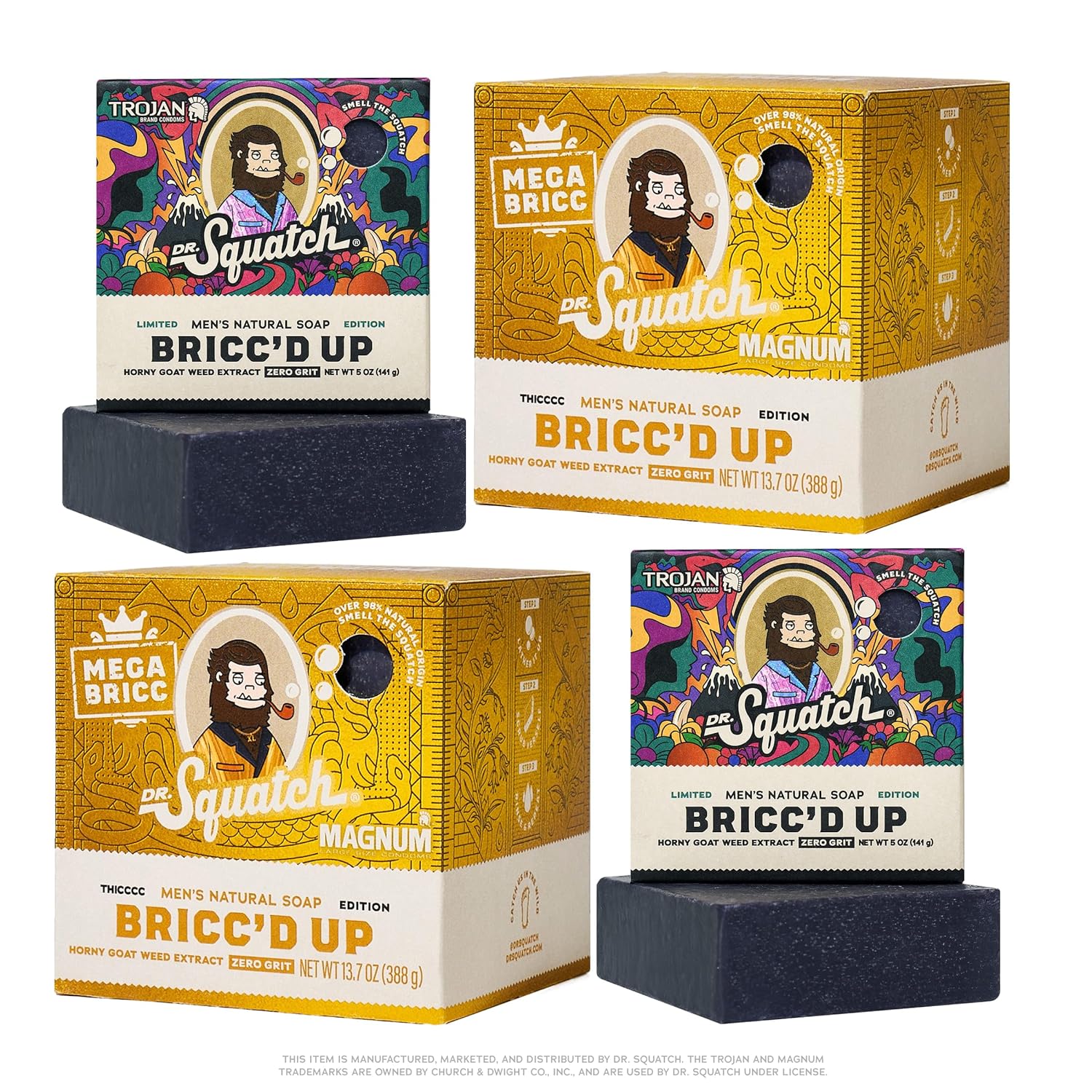Dr. Squatch Natural Men's Bar Soap – Limited Edition Trojan Gifts for Men – Natural Cold Process Soap Bar – Bricc'd Up (5 oz) + Magnum Bricc (13.7 oz) 4-Pack